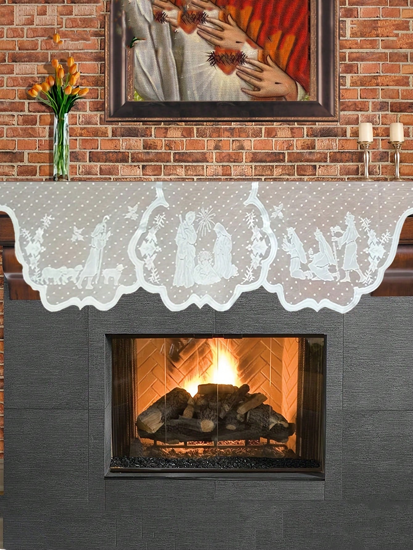 1pc White Lace Christmas Fireplace Cover With Christ Jesus Decor