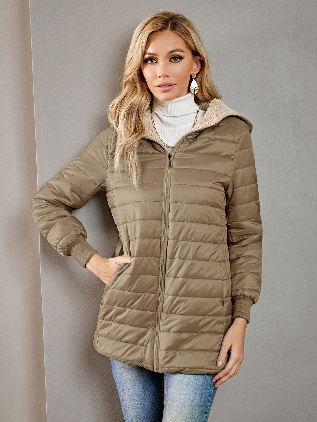 Aveloria Modichic Casual Versatile Solid Color Fleece Hooded Padded Padded Coat, Winter Clothes