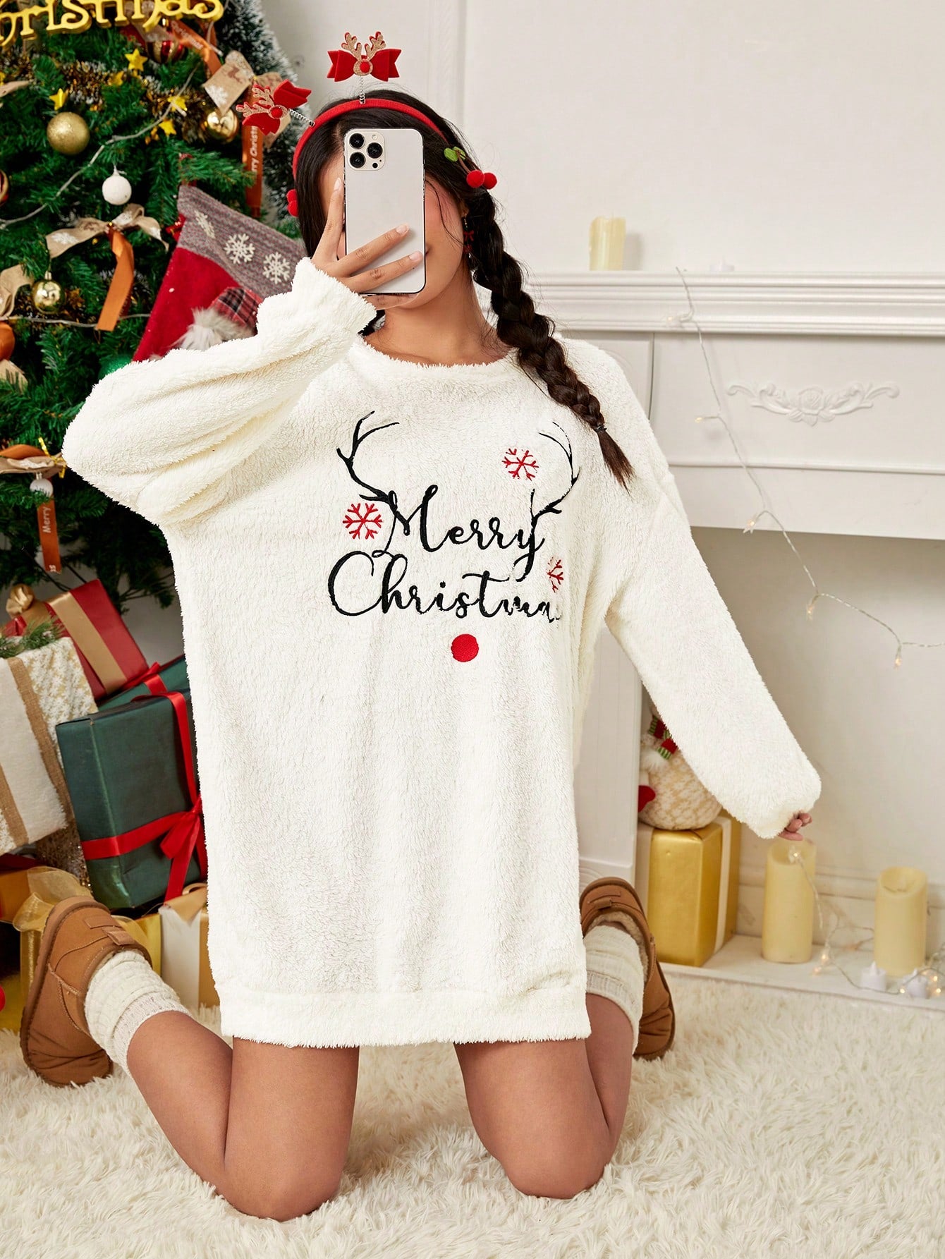 Qutie Christmas Print Drop Shoulder Teddy Sweatshirt Dress