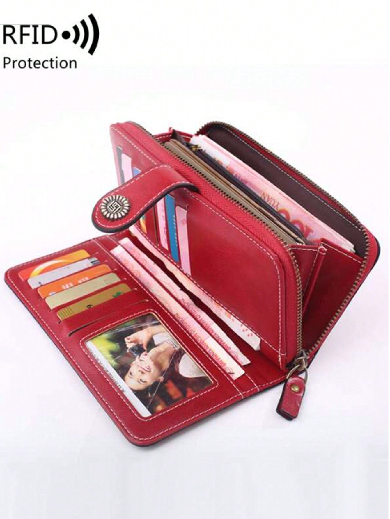 RFID Women's Fashion Vintage Large Capacity Zipper PU Leather Long Wallet Casual Coin Purse For Ladies 2 Styles To Choose