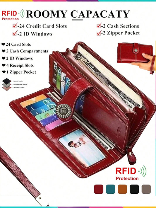 RFID Women's Fashion Vintage Large Capacity Zipper PU Leather Long Wallet Casual Coin Purse For Ladies 2 Styles To Choose