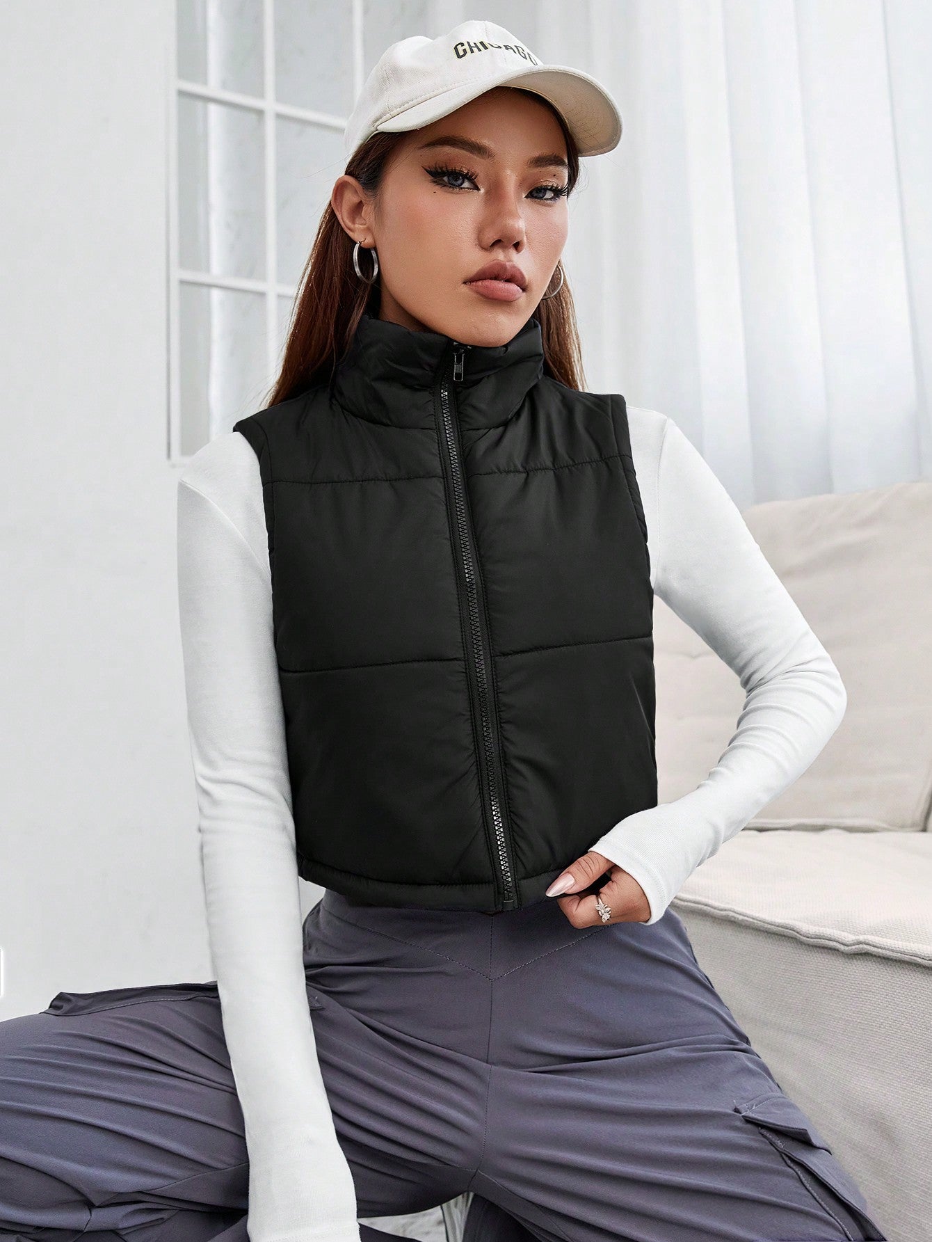 PETITE Zip Up Crop Vest Padded Coat