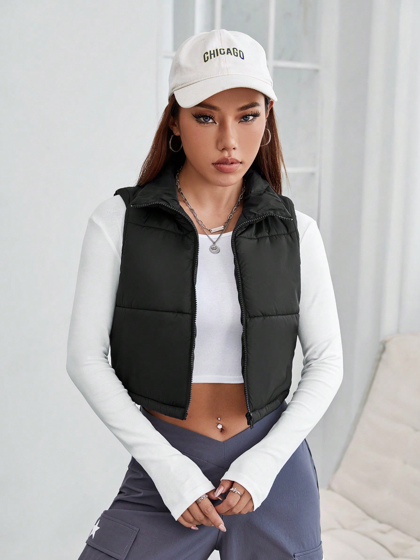 PETITE Zip Up Crop Vest Padded Coat