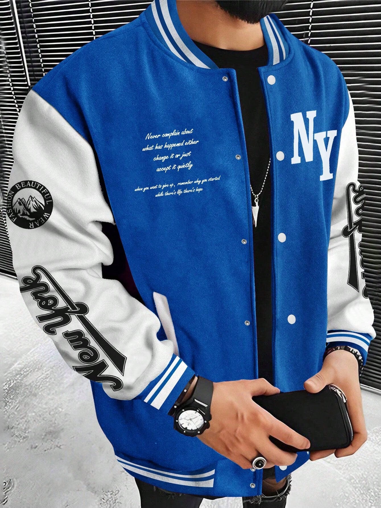 Manfinity Sporsity Men's Solid Color Patchwork Front Button Long Sleeve Letter Print Casual Jacket