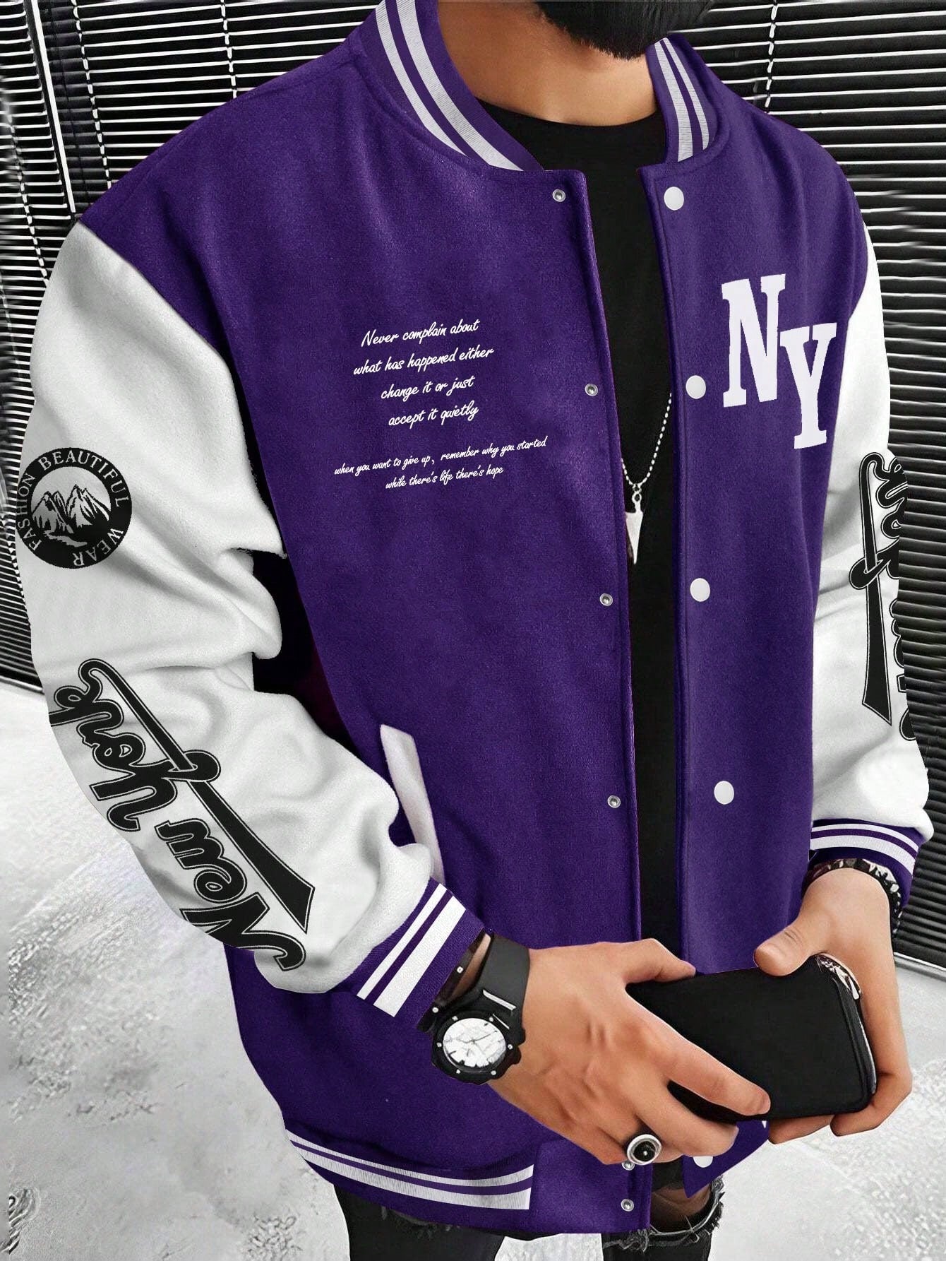 Manfinity Sporsity Men's Solid Color Patchwork Front Button Long Sleeve Letter Print Casual Jacket