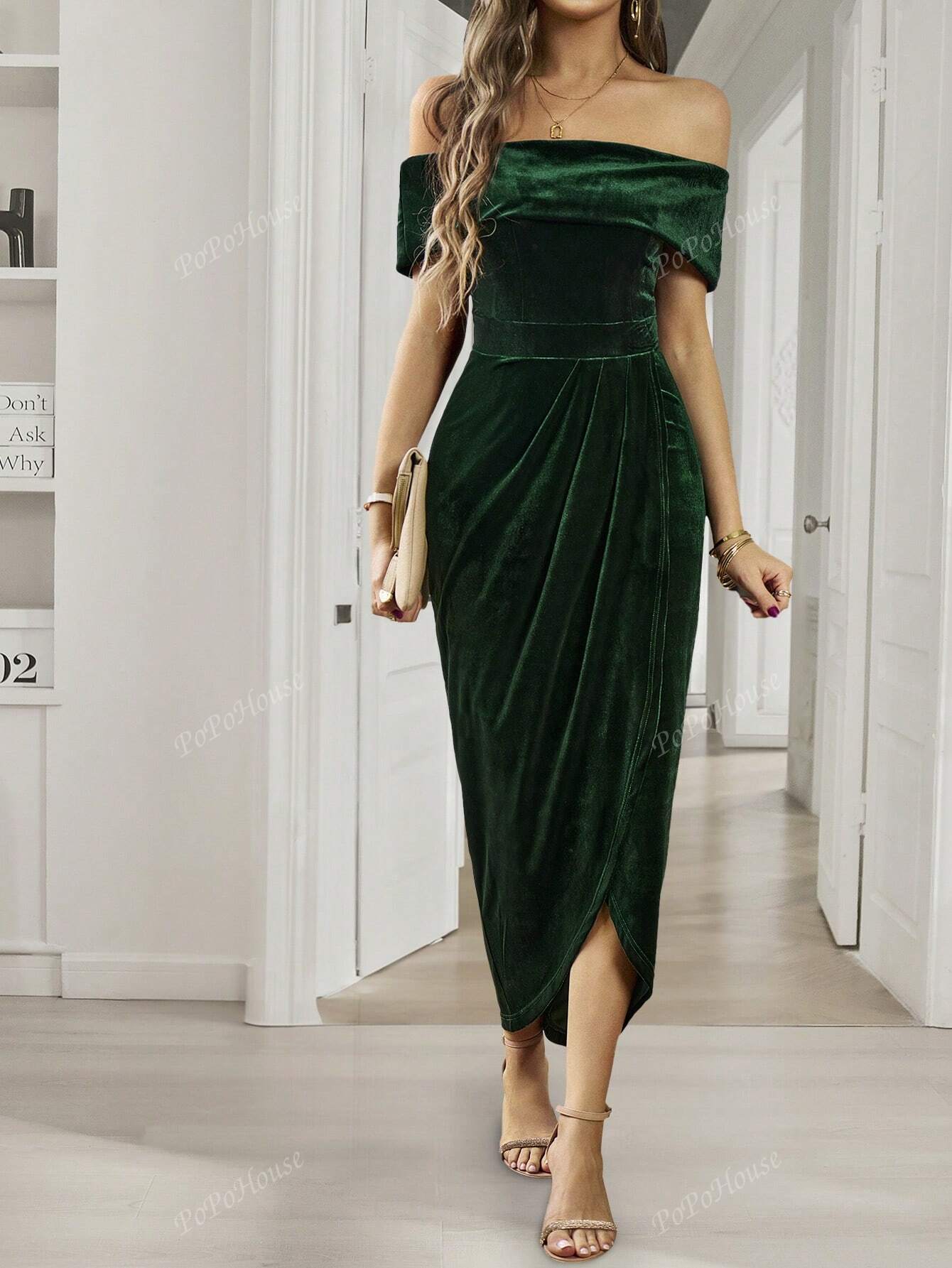 Off Shoulder Wrap Hem Velvet Cocktail Dress Elegant Prom Semi Formal Wedding Guest Dress, For Birthday, Graduation, Dinner, Homecoming