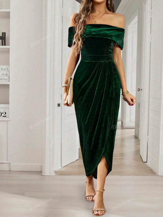 Off Shoulder Wrap Hem Velvet Cocktail Dress Elegant Prom Semi Formal Wedding Guest Dress, For Birthday, Graduation, Dinner, Homecoming