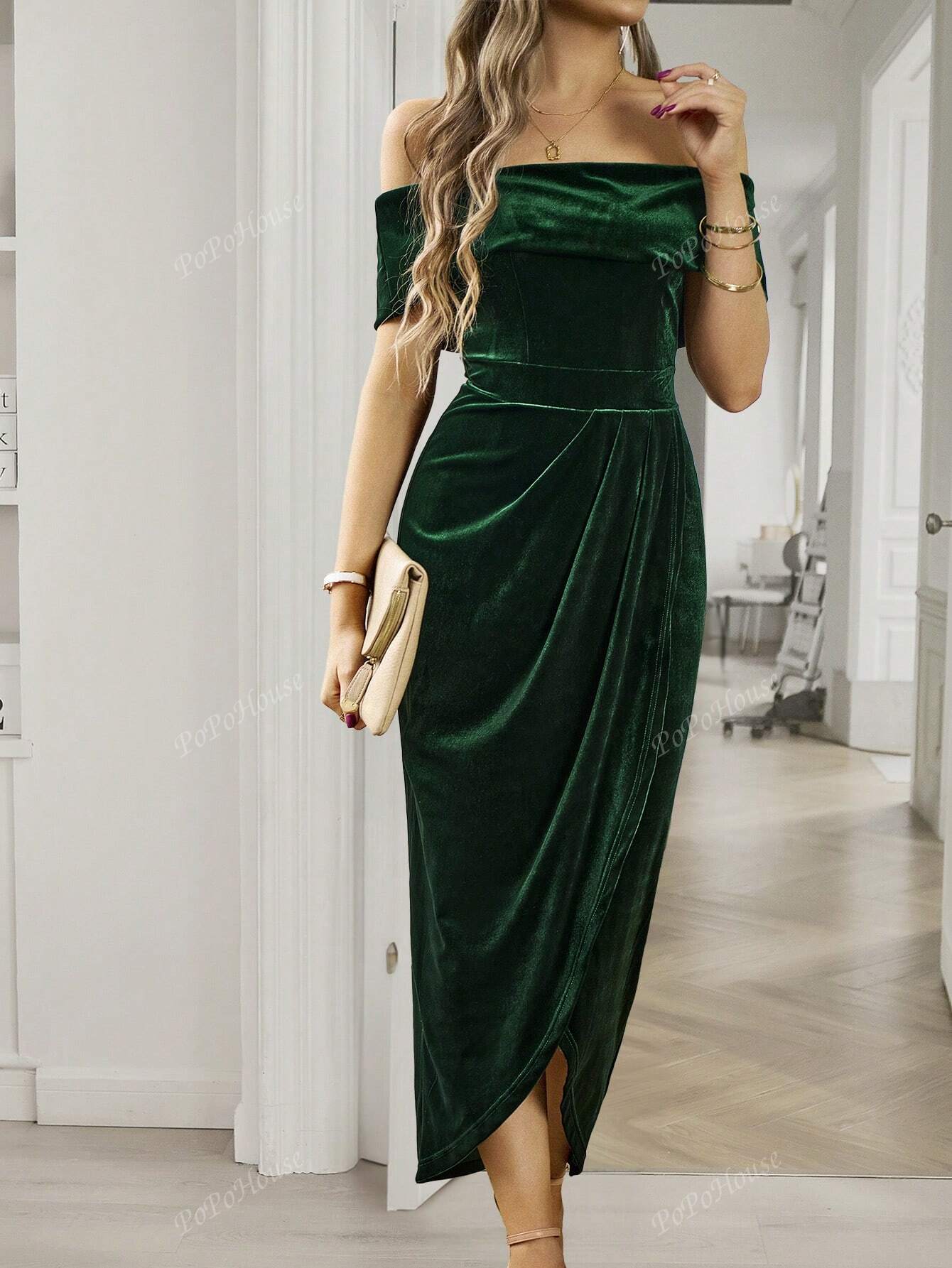 Off Shoulder Wrap Hem Velvet Cocktail Dress Elegant Prom Semi Formal Wedding Guest Dress, For Birthday, Graduation, Dinner, Homecoming