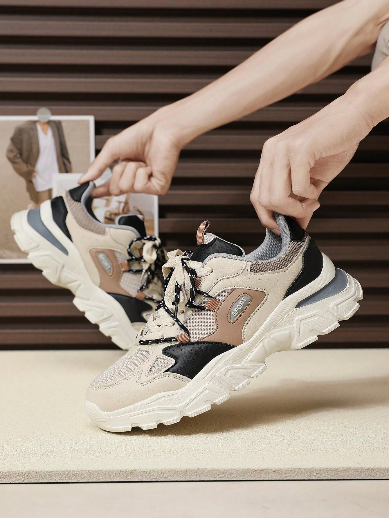 Men Lace Up Color Block Chunky Sneakers, Sporty Outdoor Sneakers