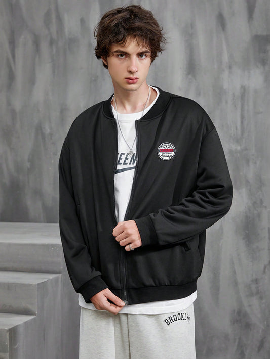 Manfinity Hypemode Oversized Men's Zipper Closure Bomber Jacket With Letter Patch Decoration, Without T-Shirt