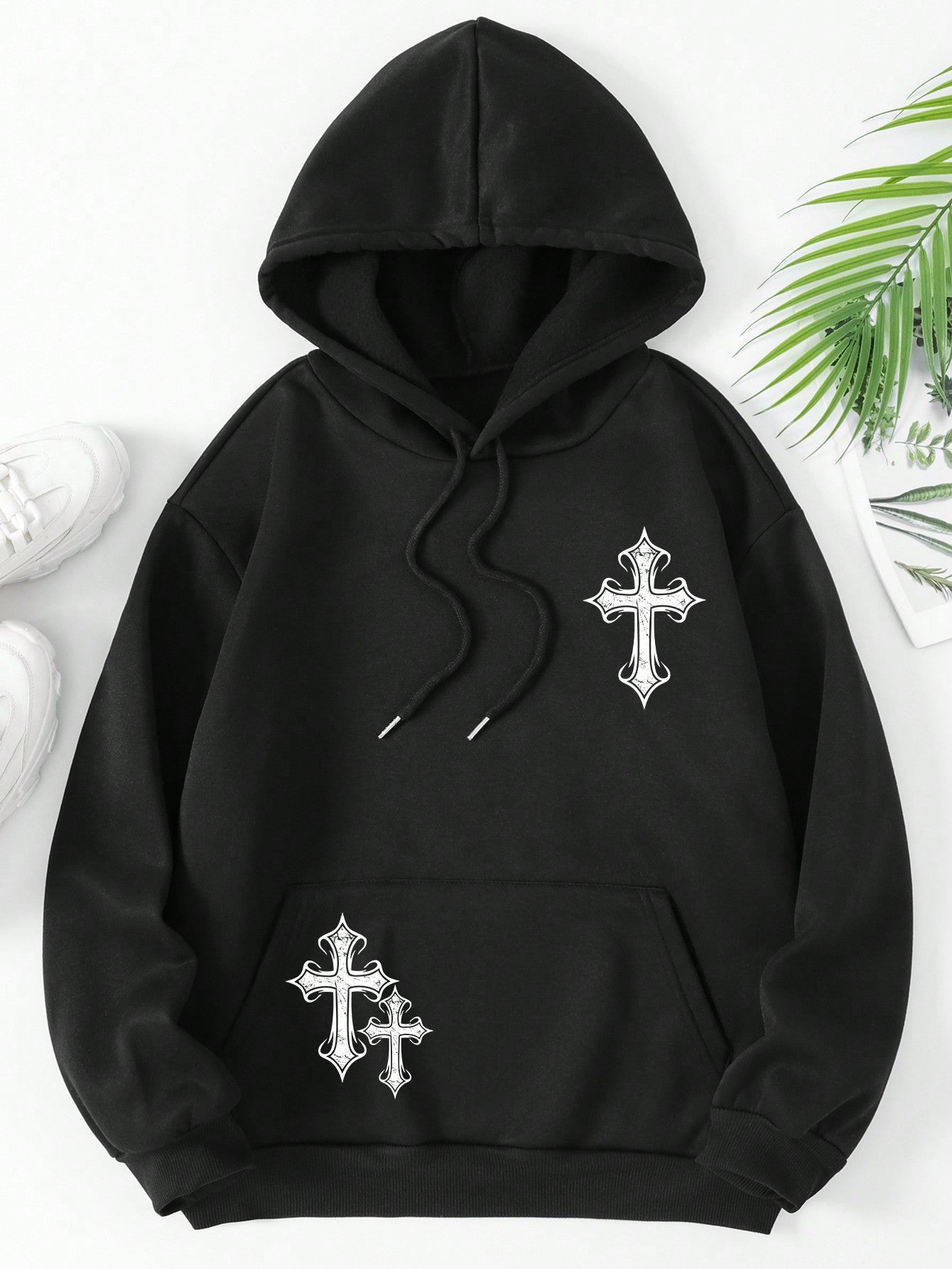 Slayr Cross Print Kangaroo Pocket Drawstring Thermal Lined Hoodie