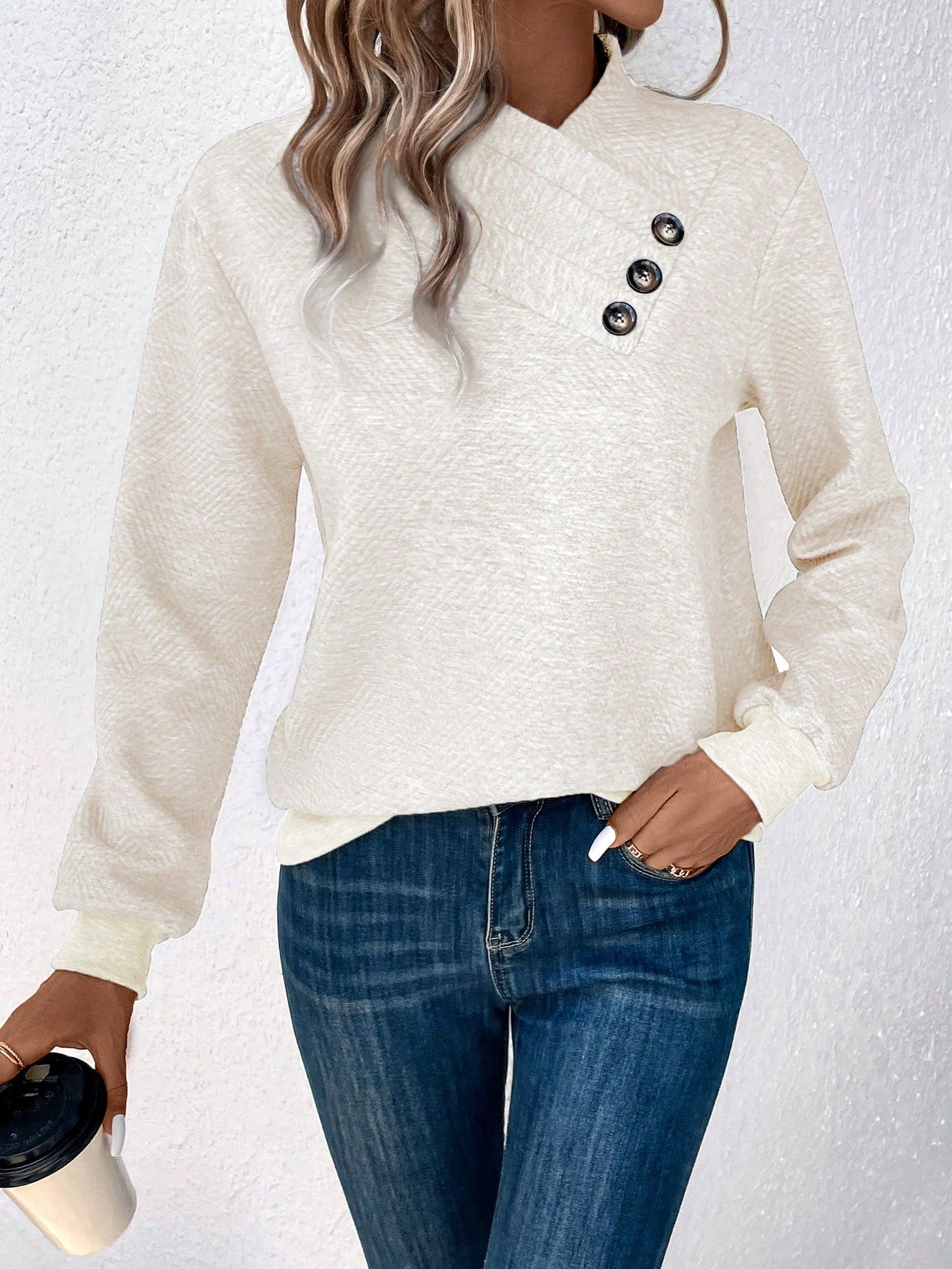 EMERY ROSE Button Detail Asymmetrical Neck Drop Shoulder Sweatshirt,Long Sleeve Tops