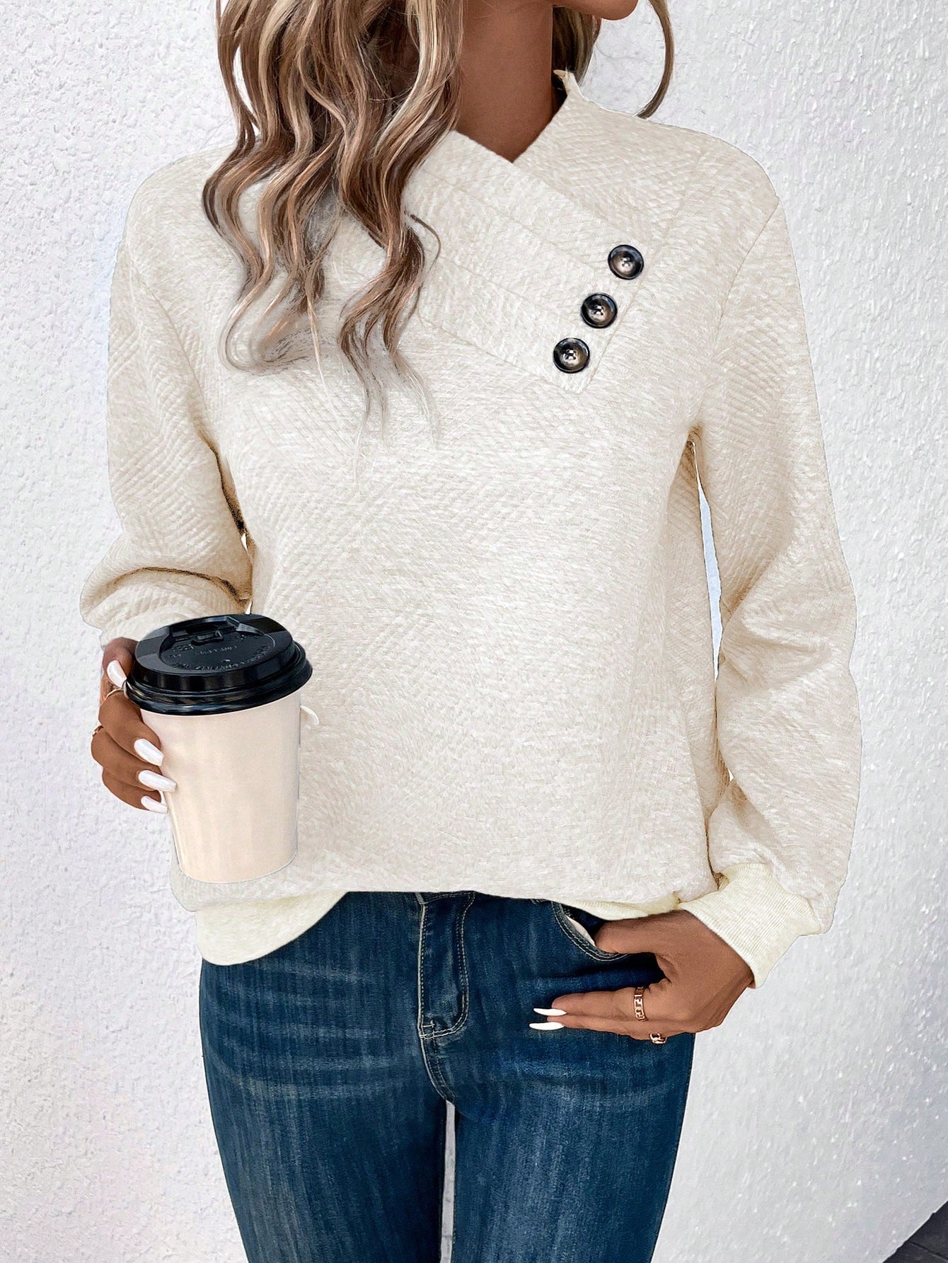 EMERY ROSE Button Detail Asymmetrical Neck Drop Shoulder Sweatshirt,Long Sleeve Tops