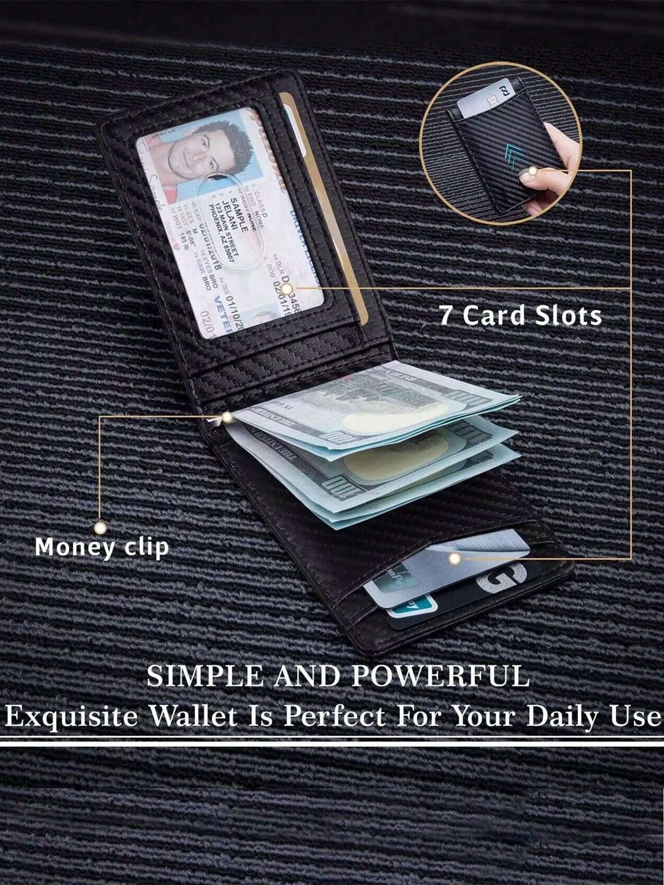 1pc Men's Black Ultra-thin Money Clip Wallet, Rfid Blocking Minimalist Small Size Leather Bi-fold Cardholder And Front Pocket Wallet With Minimalist Design