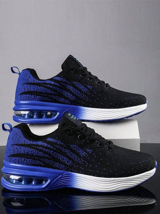 Men Color Blocking Gradient Knit Lace-up Air Cushion Sneakers, Comfortable Breathable and Shock-absorbing Outdoor Running Shoes, Suitable for Outdoor Sports, Jogging