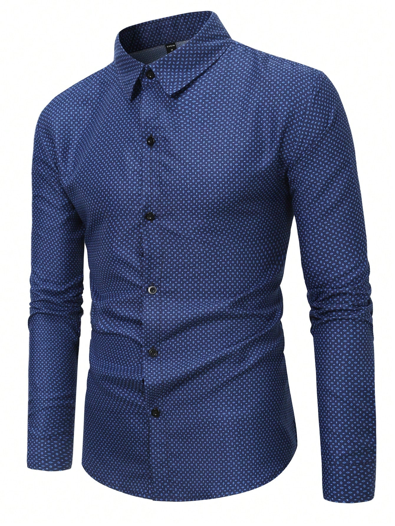 Manfinity Mode Men's Casual Blue Turndown Collar Long Sleeve Collar Shirt (Asymmetric Cut), For Work, Business