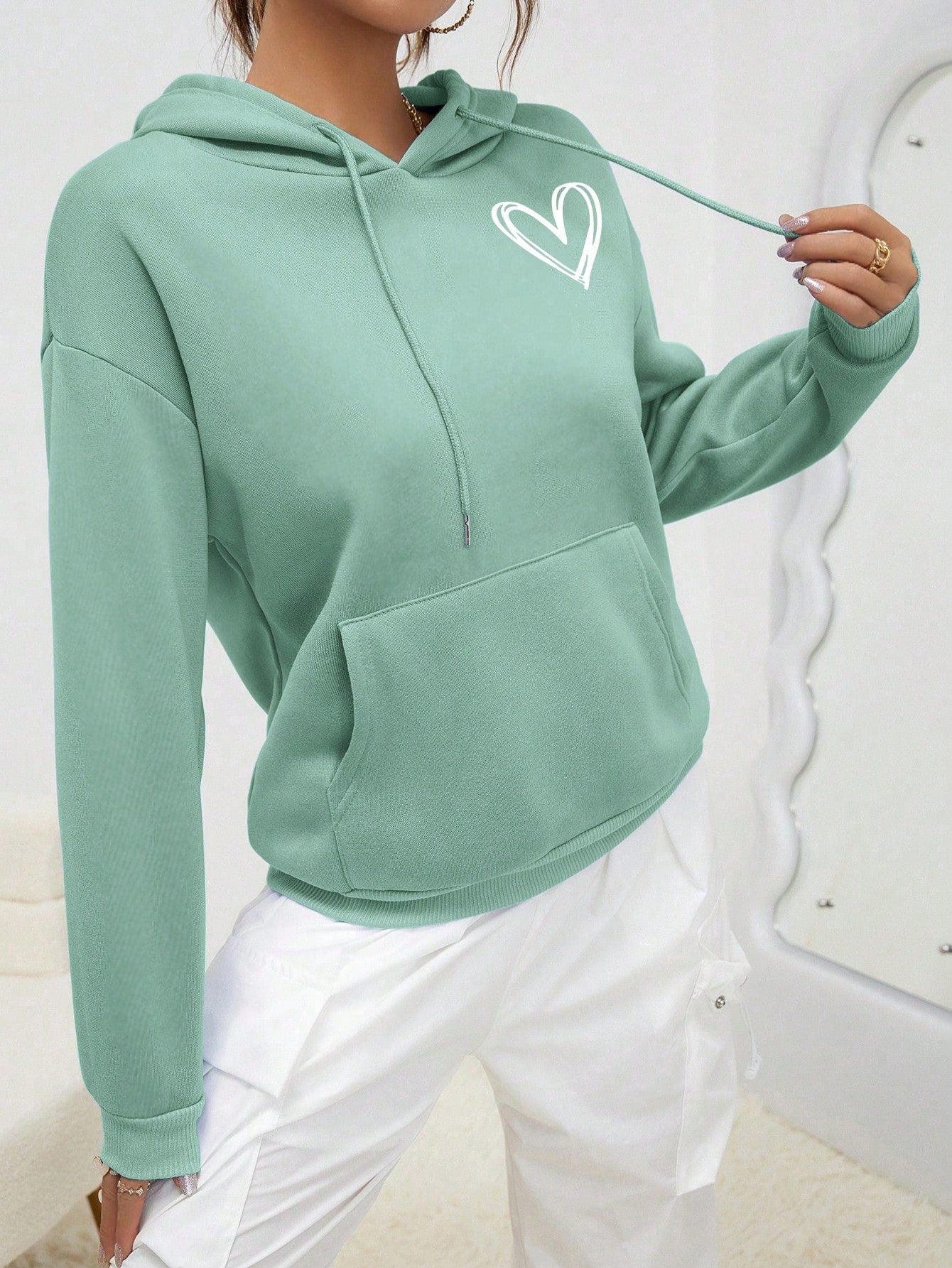 INAWLY Heart Print Kangaroo Pocket Drop Shoulder Drawstring Hoodie,Long Sleeve Tops