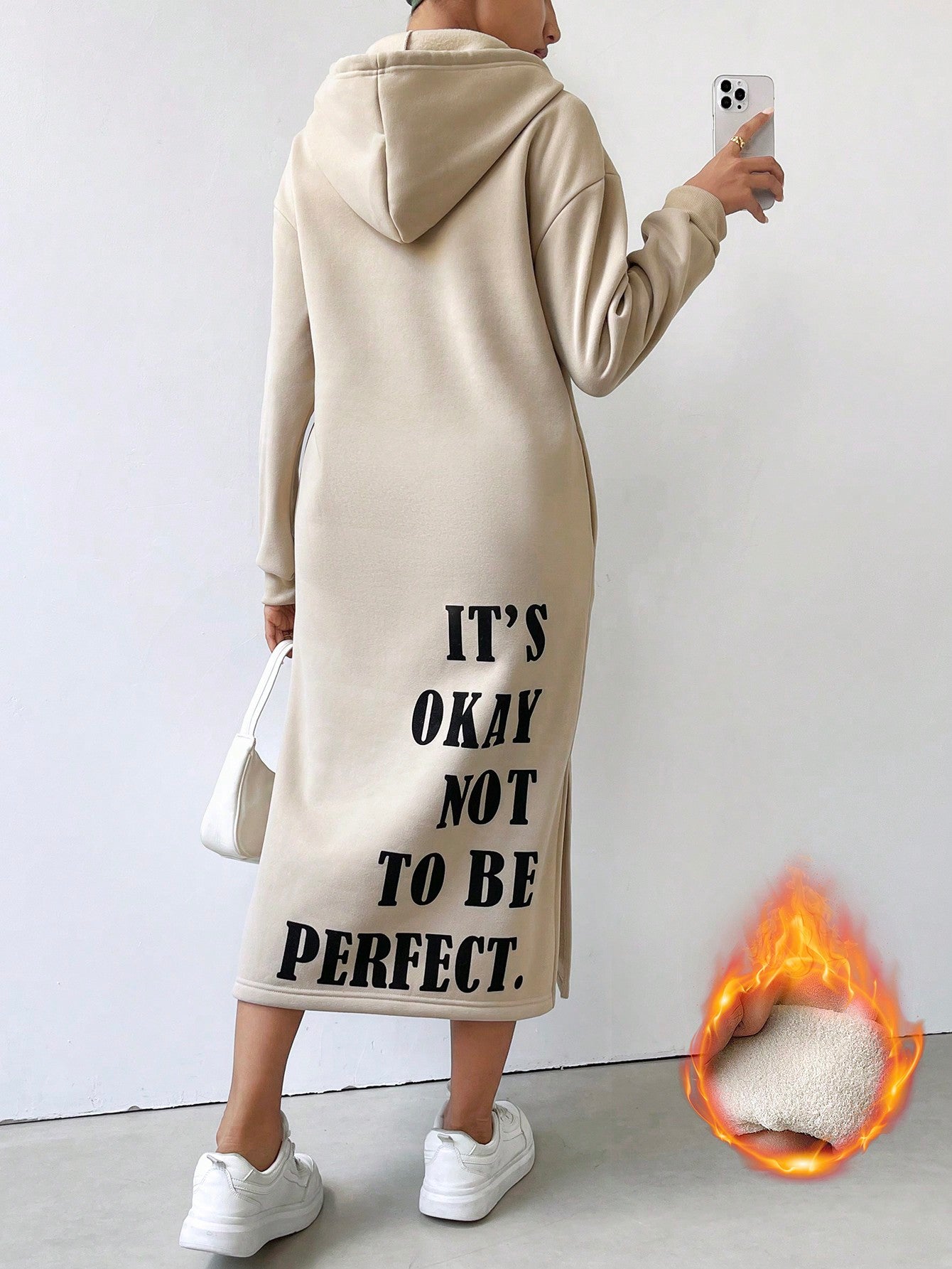 Essnce Slogan Graphic Drop Shoulder Hooded Sweatshirt Dress IT'S OKAY NOT TO BE PERFECT,Long Sleeve Tops