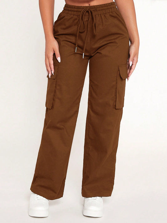 PETITE Drawstring Waist Flap Pocket Side Cargo Pants