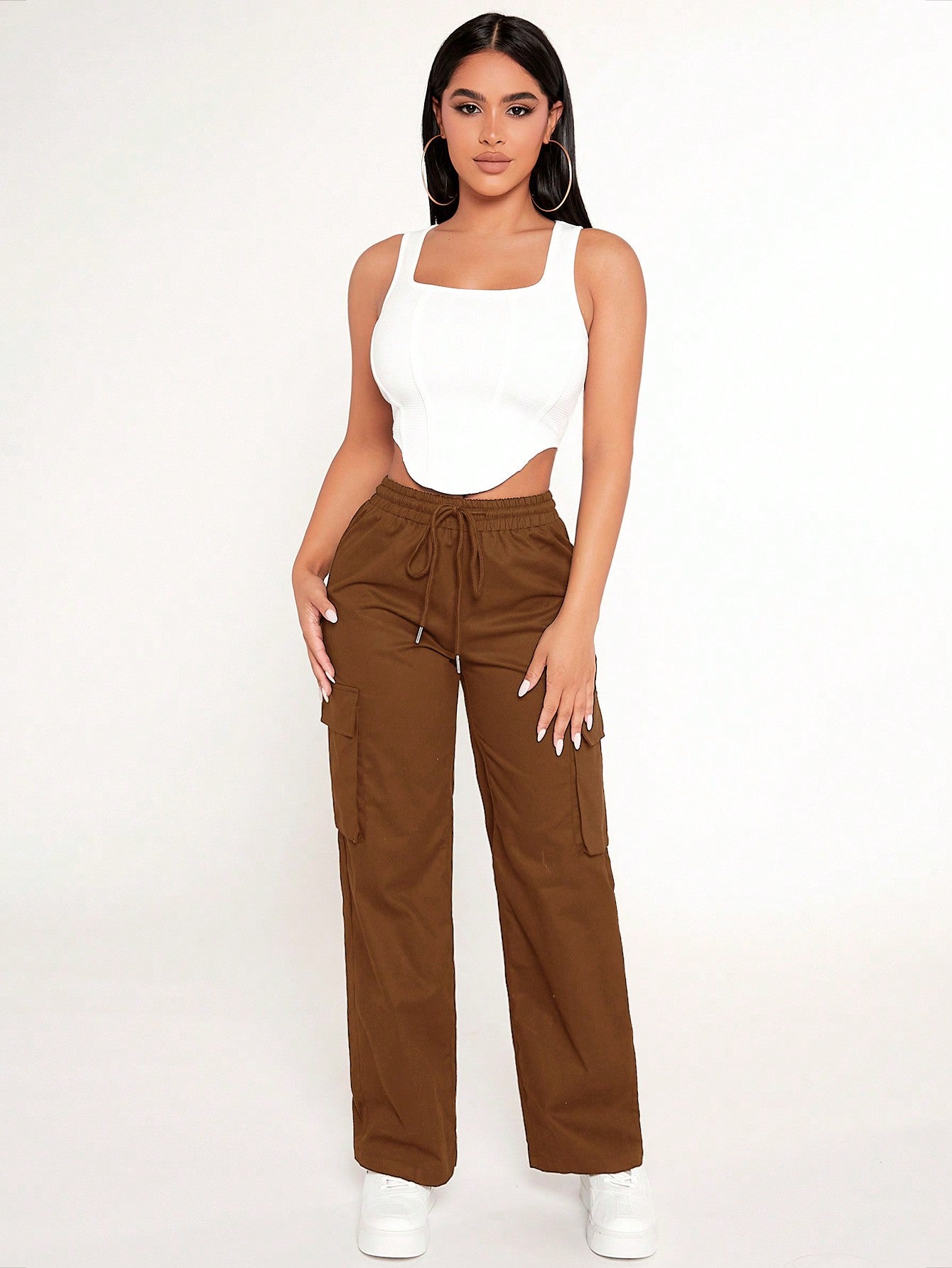 PETITE Drawstring Waist Flap Pocket Side Cargo Pants