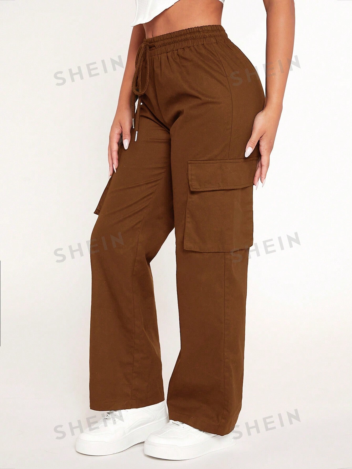 PETITE Drawstring Waist Flap Pocket Side Cargo Pants