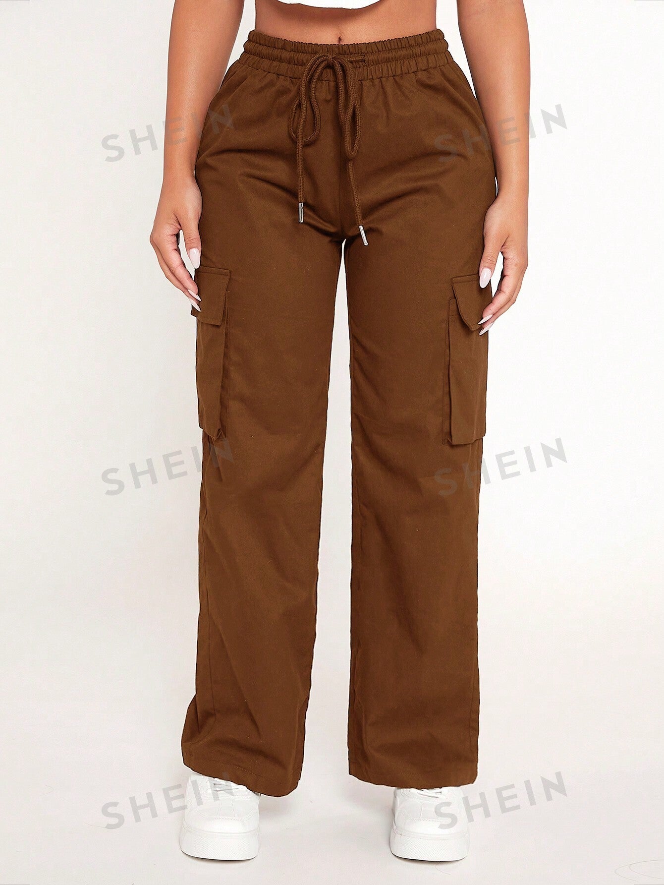 PETITE Drawstring Waist Flap Pocket Side Cargo Pants