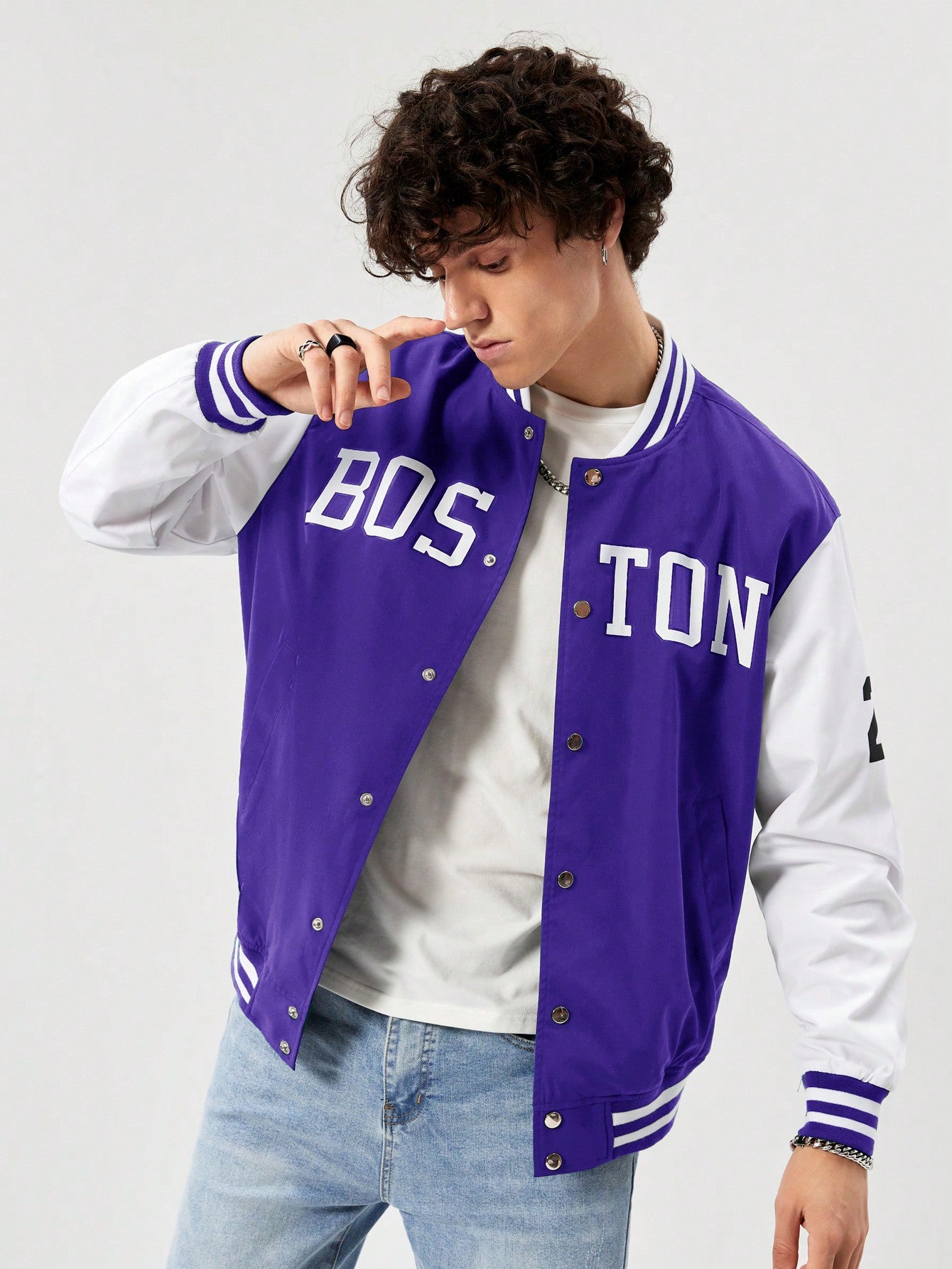 Manfinity RebelGame Oversized Men's Letter Graphic Striped Trim Varsity Jacket