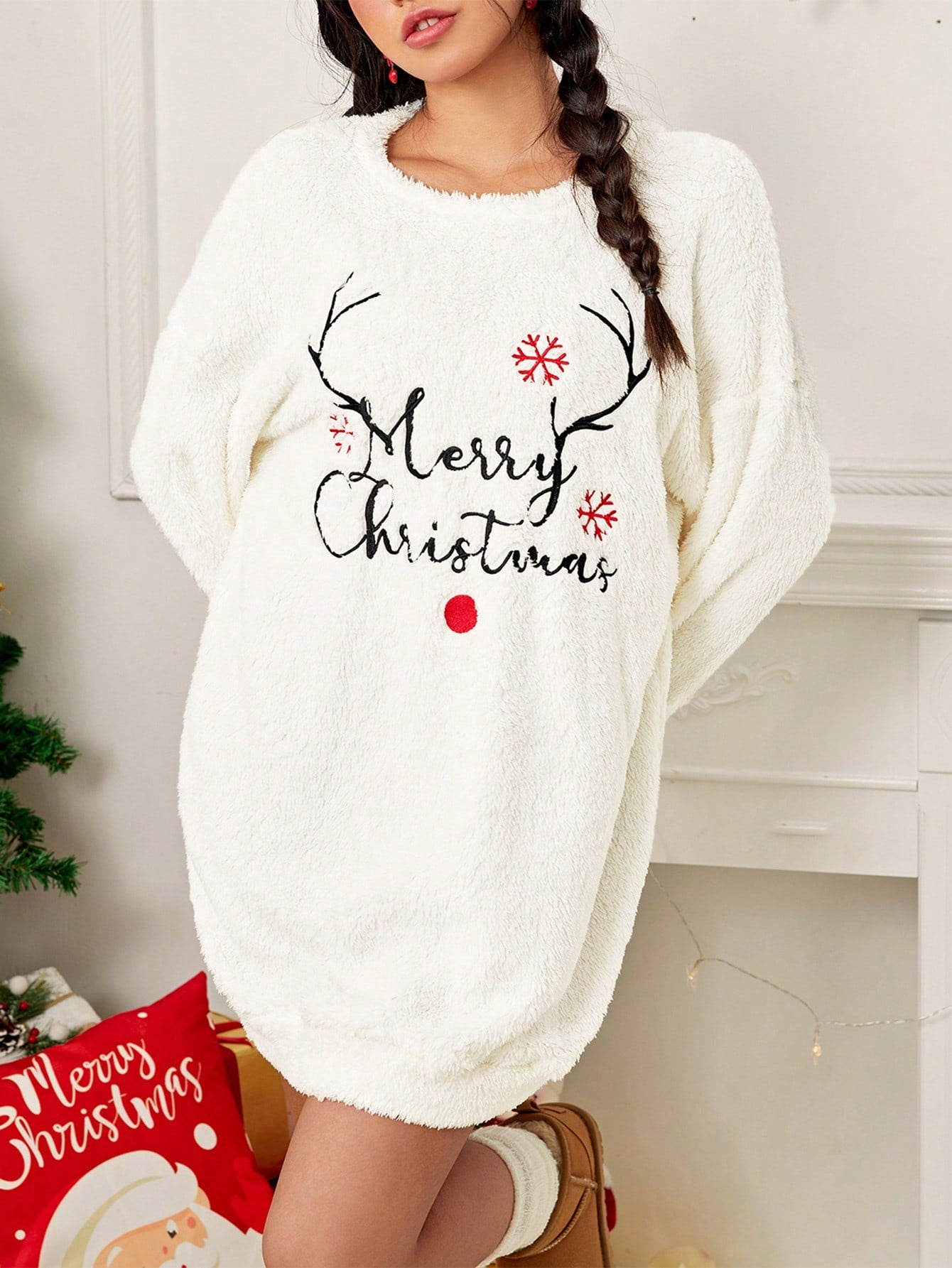 Qutie Christmas Print Drop Shoulder Teddy Sweatshirt Dress