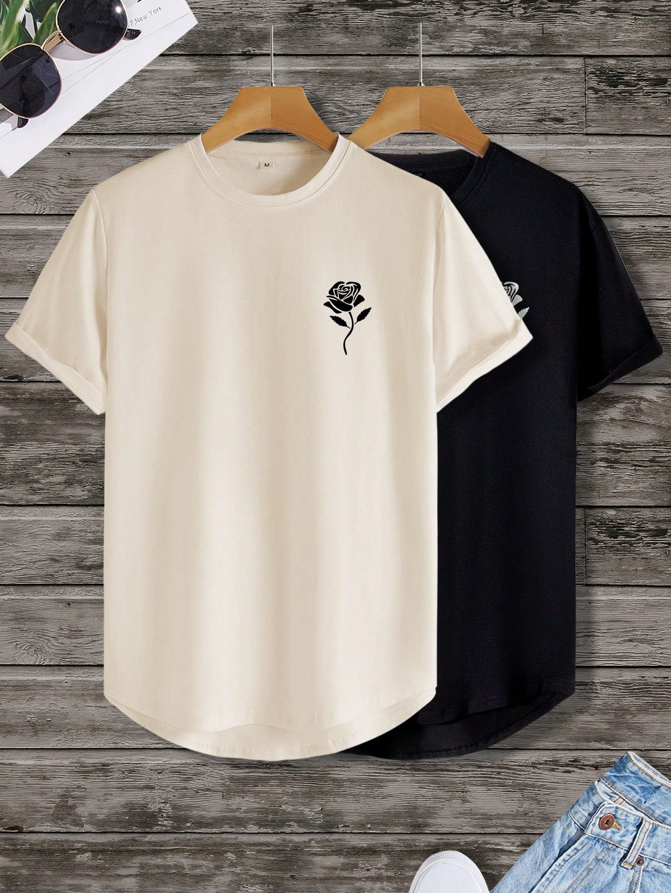 Manfinity Hypemode Men 2pcs Rose Print High Low Hem Tee