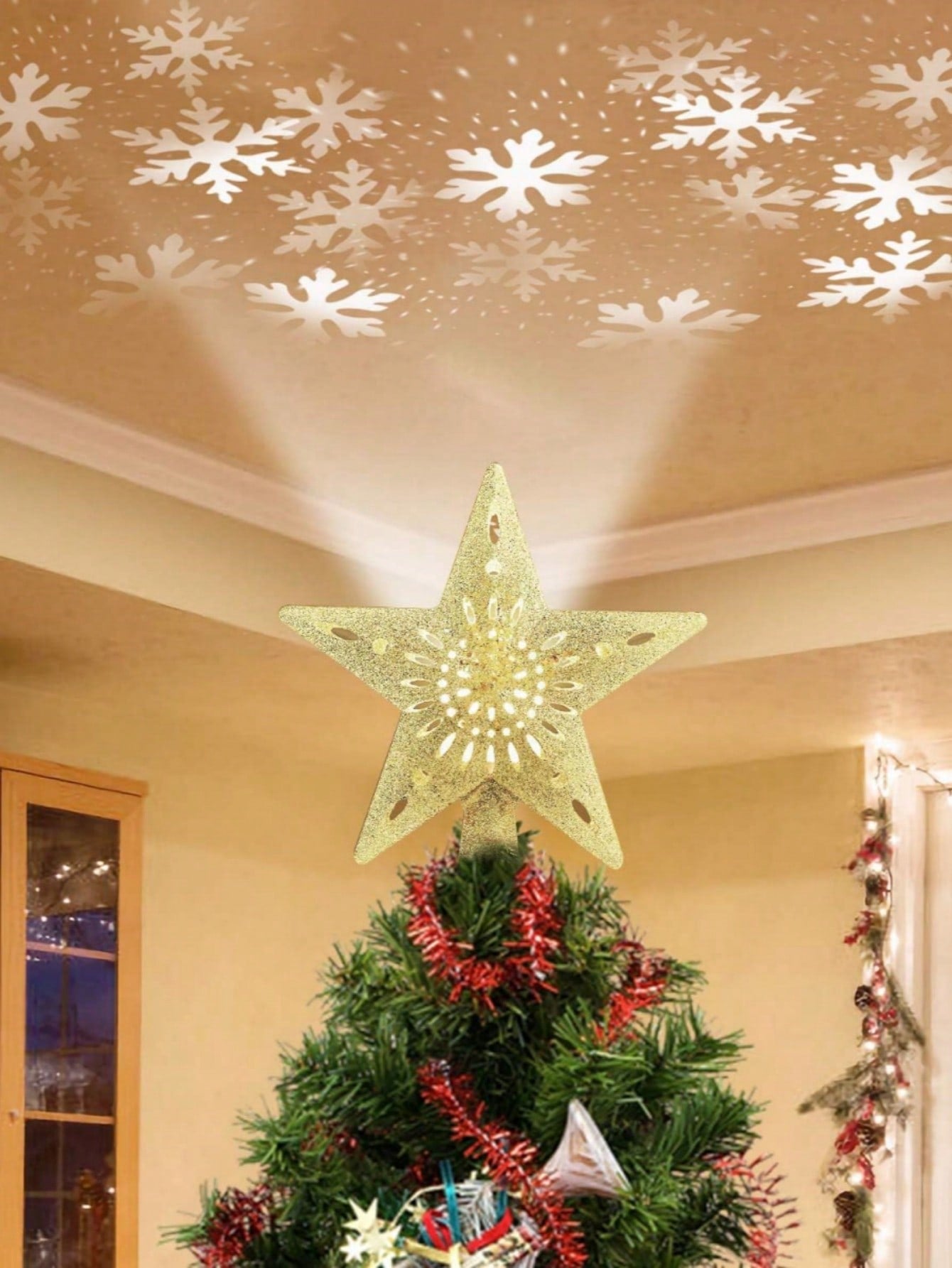 Christmas Tree Topper, Glittery Gold Star Tree Topper Kinds Of Projection Effects With Rotating Magic Snowflake LED Projector For Xmas Holiday Party Gift Decor