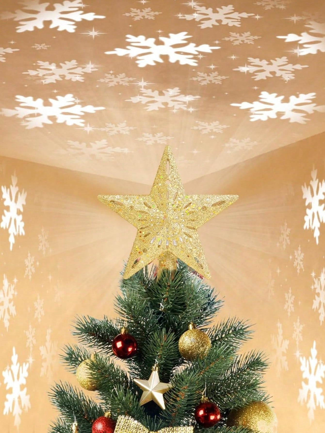 Christmas Tree Topper, Glittery Gold Star Tree Topper Kinds Of Projection Effects With Rotating Magic Snowflake LED Projector For Xmas Holiday Party Gift Decor