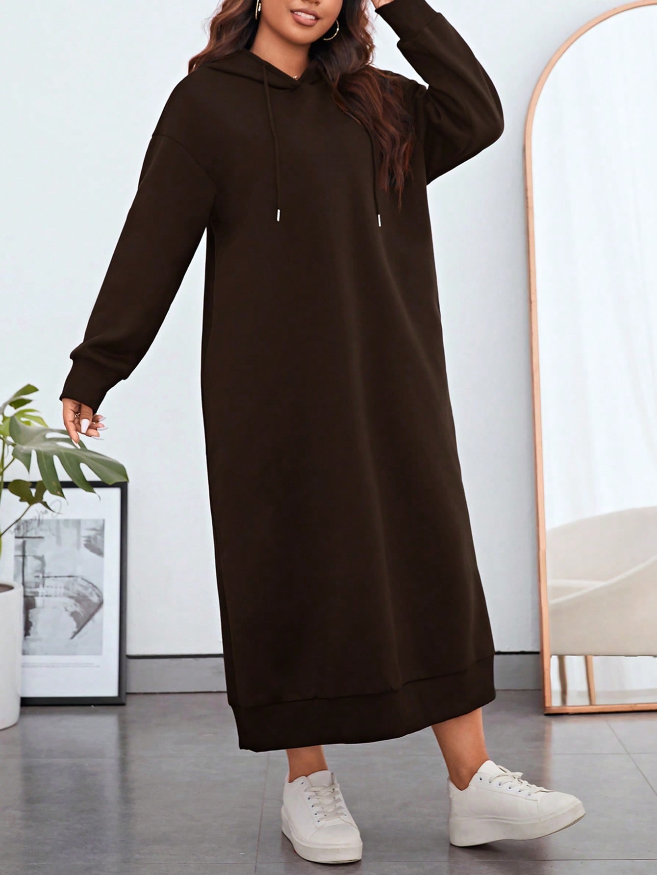 Essnce Plus Size Women Drop Shoulder Solid Color Long Sleeve Kangaroo Pocket Drawstring Hooded Long Casual Sweatshirt Dress, Autumn