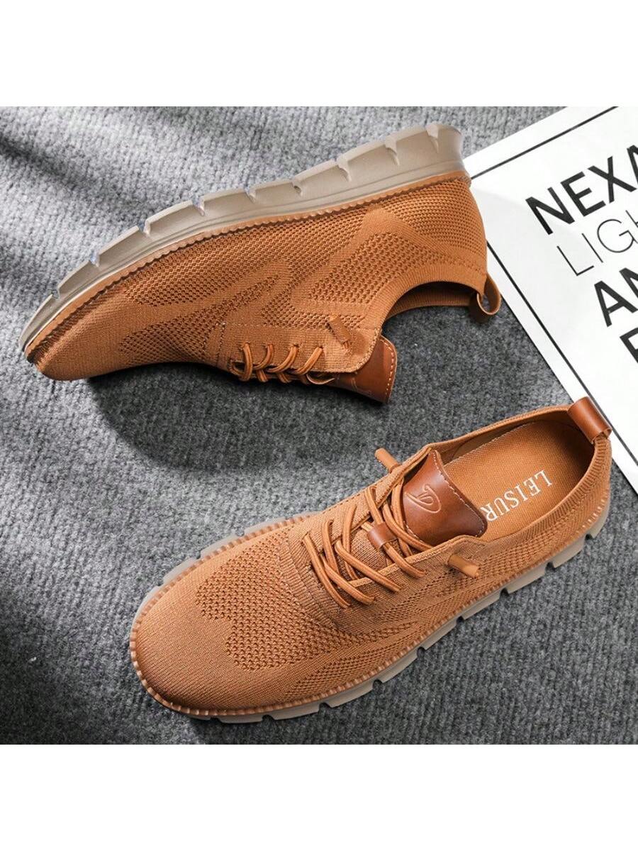 Men's Letter Design Round Shoelaces Running Sneakers, Casual Camel Color Sports Shoes