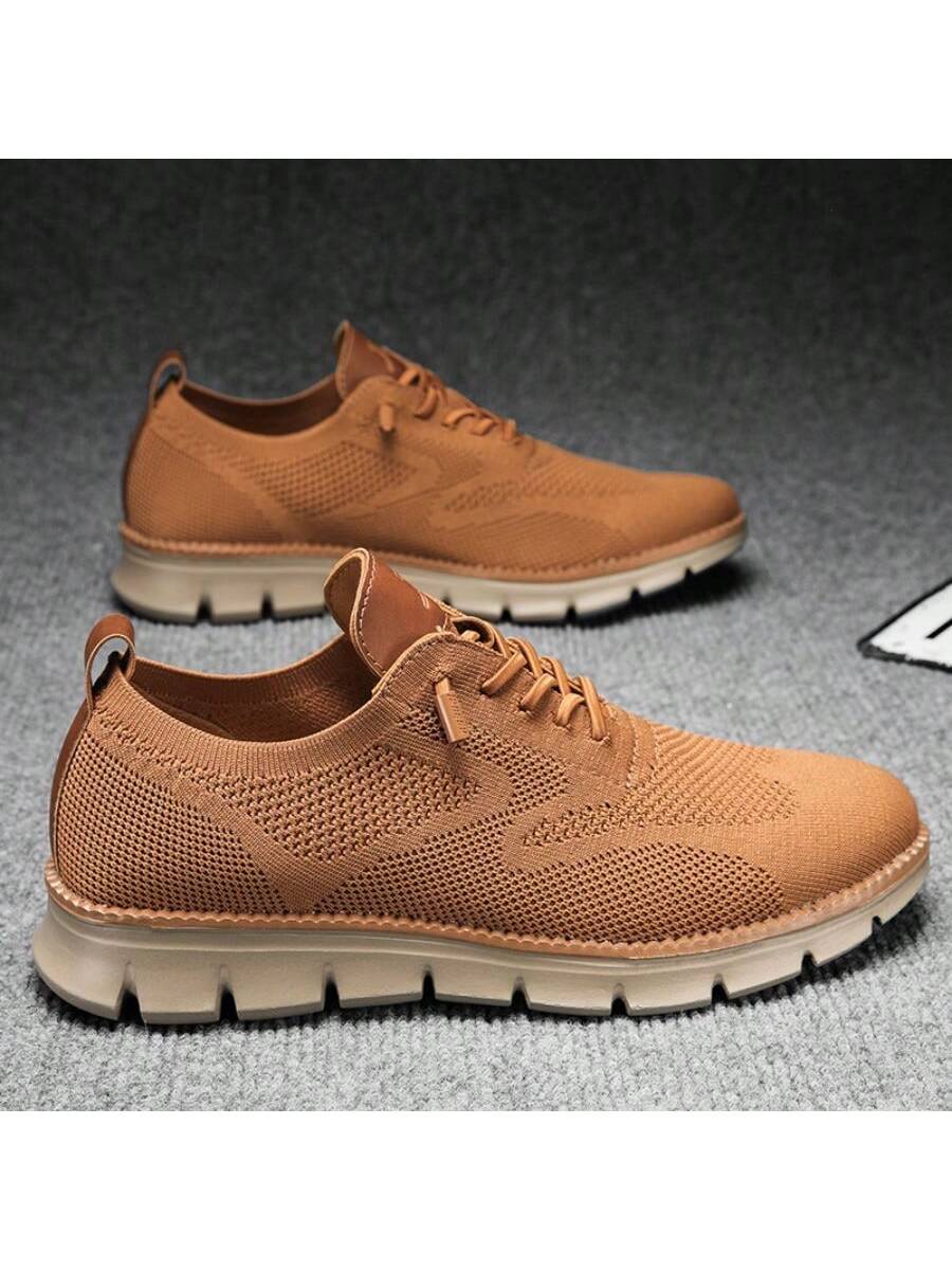 Men's Letter Design Round Shoelaces Running Sneakers, Casual Camel Color Sports Shoes