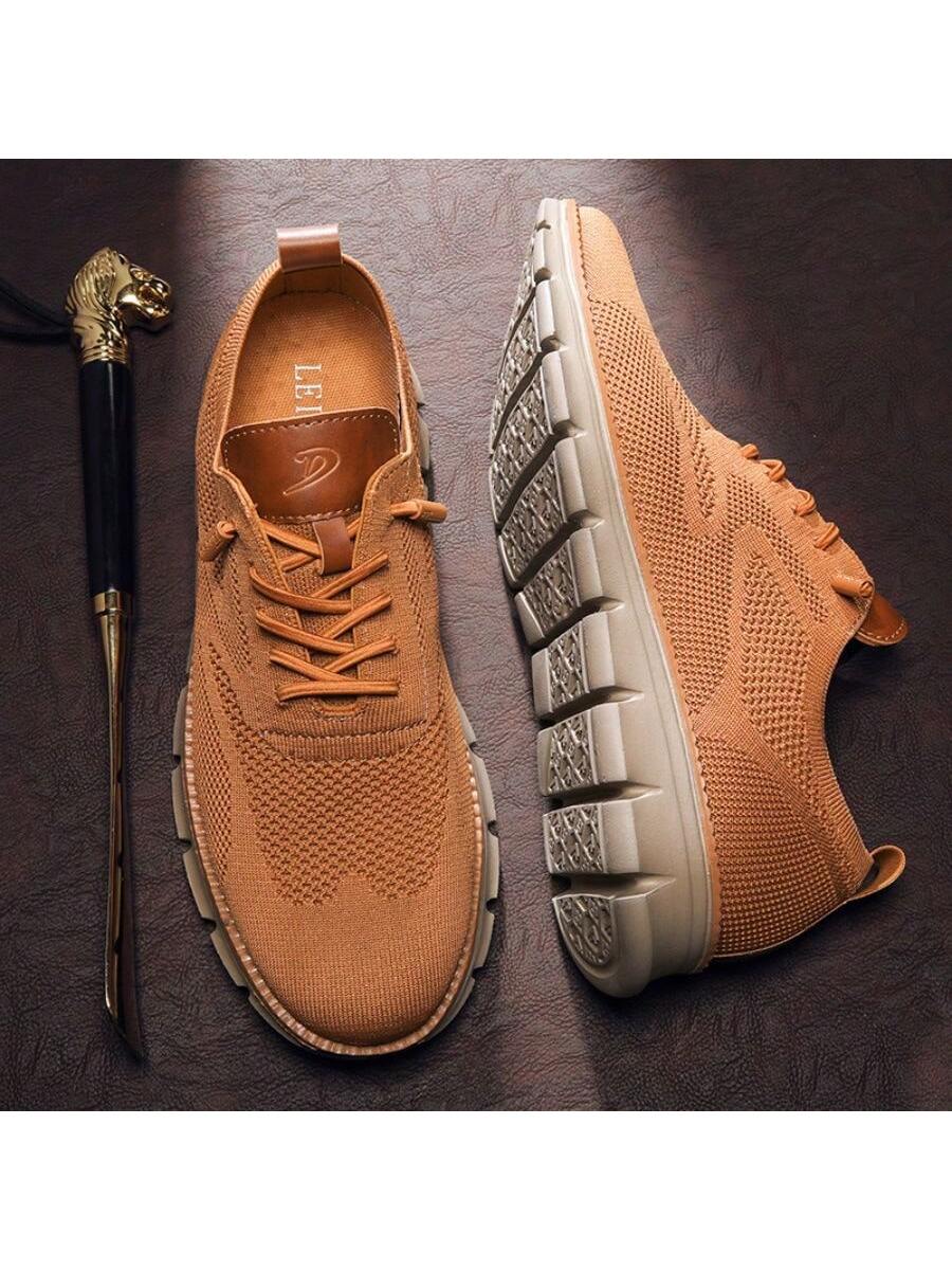 Men's Letter Design Round Shoelaces Running Sneakers, Casual Camel Color Sports Shoes