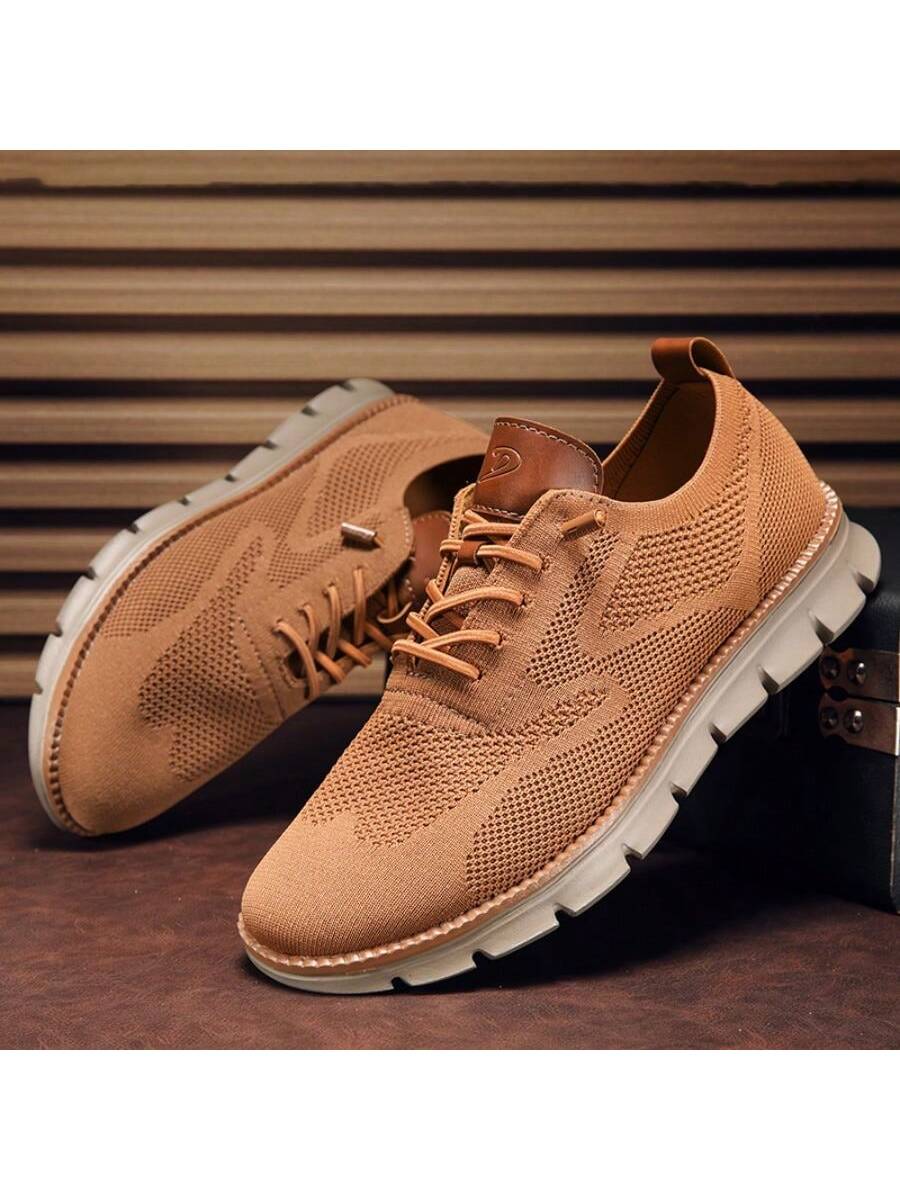 Men's Letter Design Round Shoelaces Running Sneakers, Casual Camel Color Sports Shoes