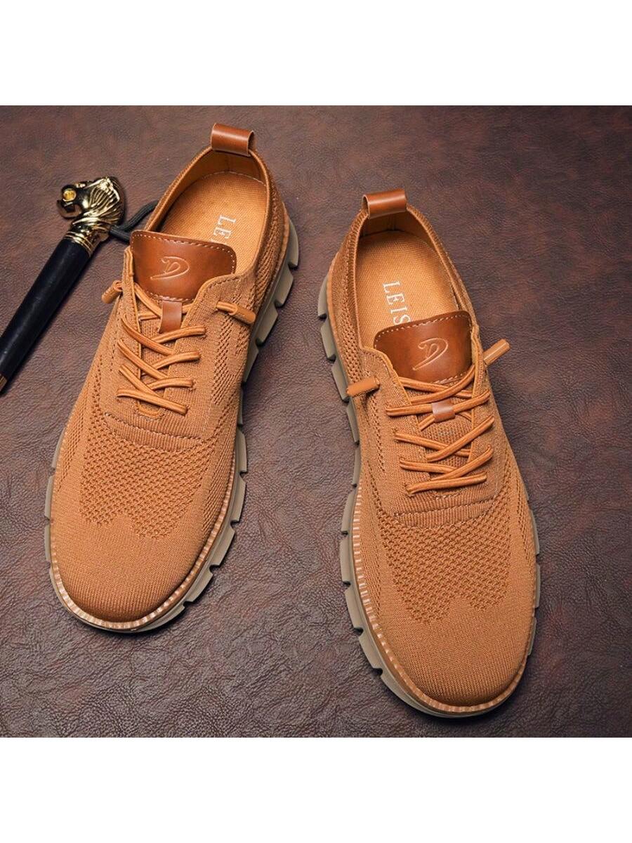 Men's Letter Design Round Shoelaces Running Sneakers, Casual Camel Color Sports Shoes