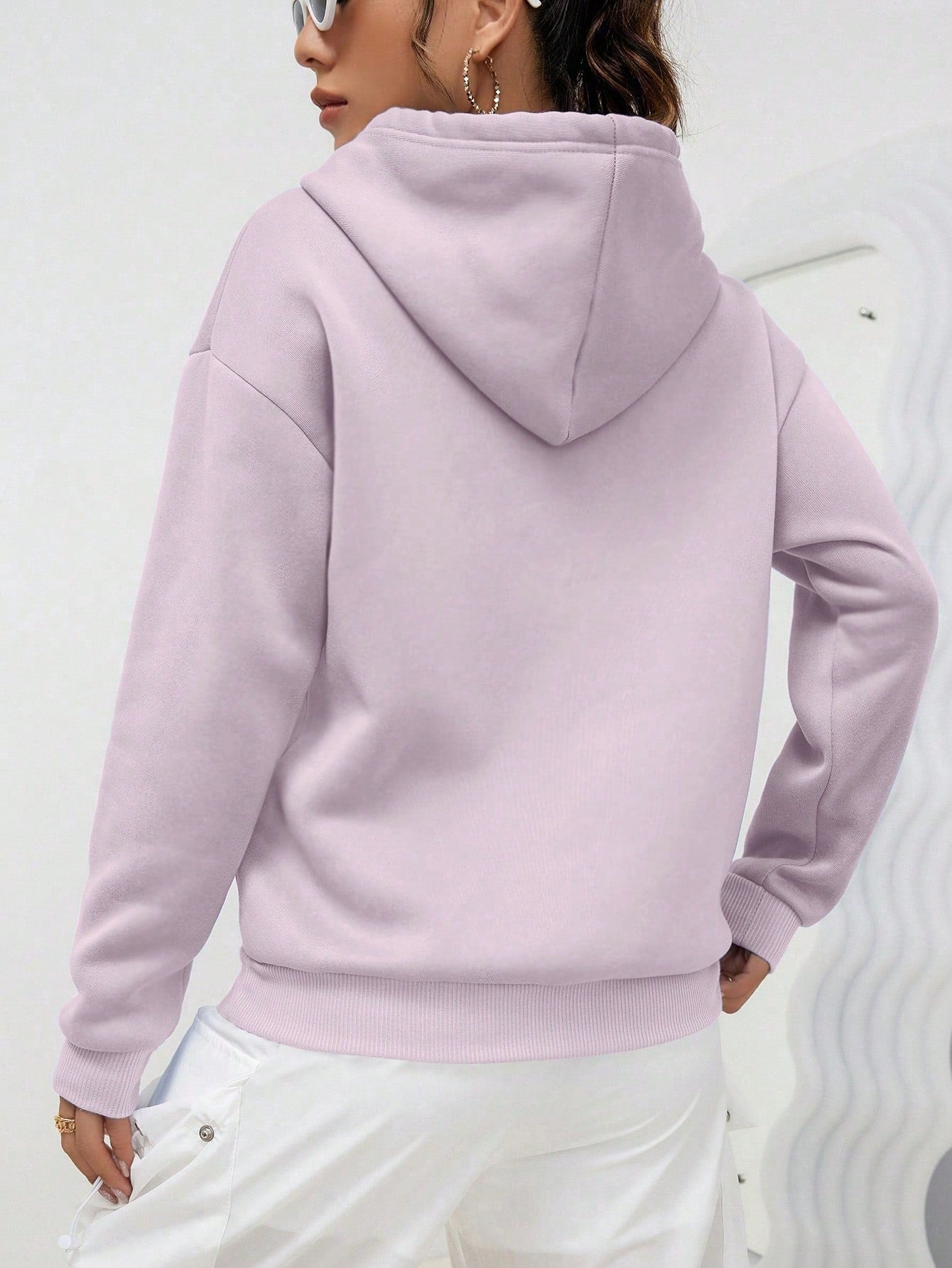 EZwear Heart Print Kangaroo Pocket Drop Shoulder Drawstring Hoodie