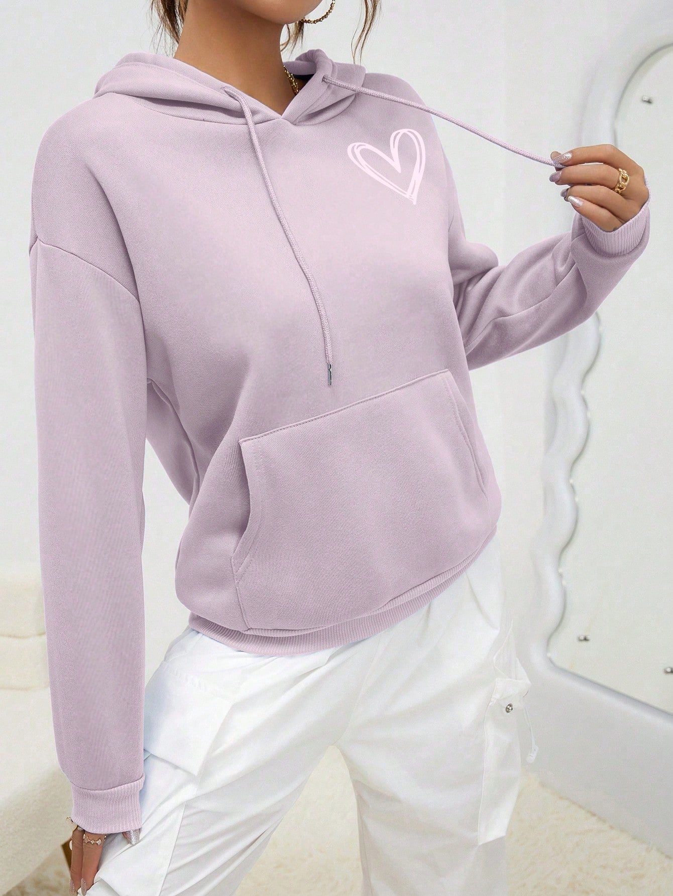 EZwear Heart Print Kangaroo Pocket Drop Shoulder Drawstring Hoodie