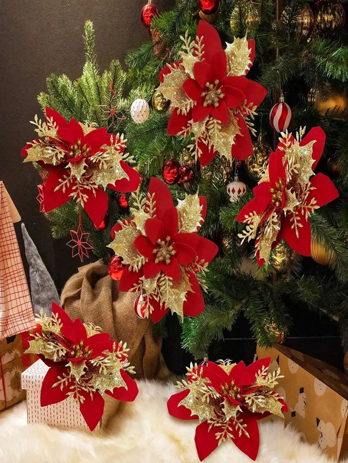 10Pcs/Set Flower Design Christmas Tree Decoration,Christmas Wreath Christmas Tree Flowers Ornaments, For Xmas Party,Wedding,Suitable For Christmas Tree Decoration And Holiday Party Decoration