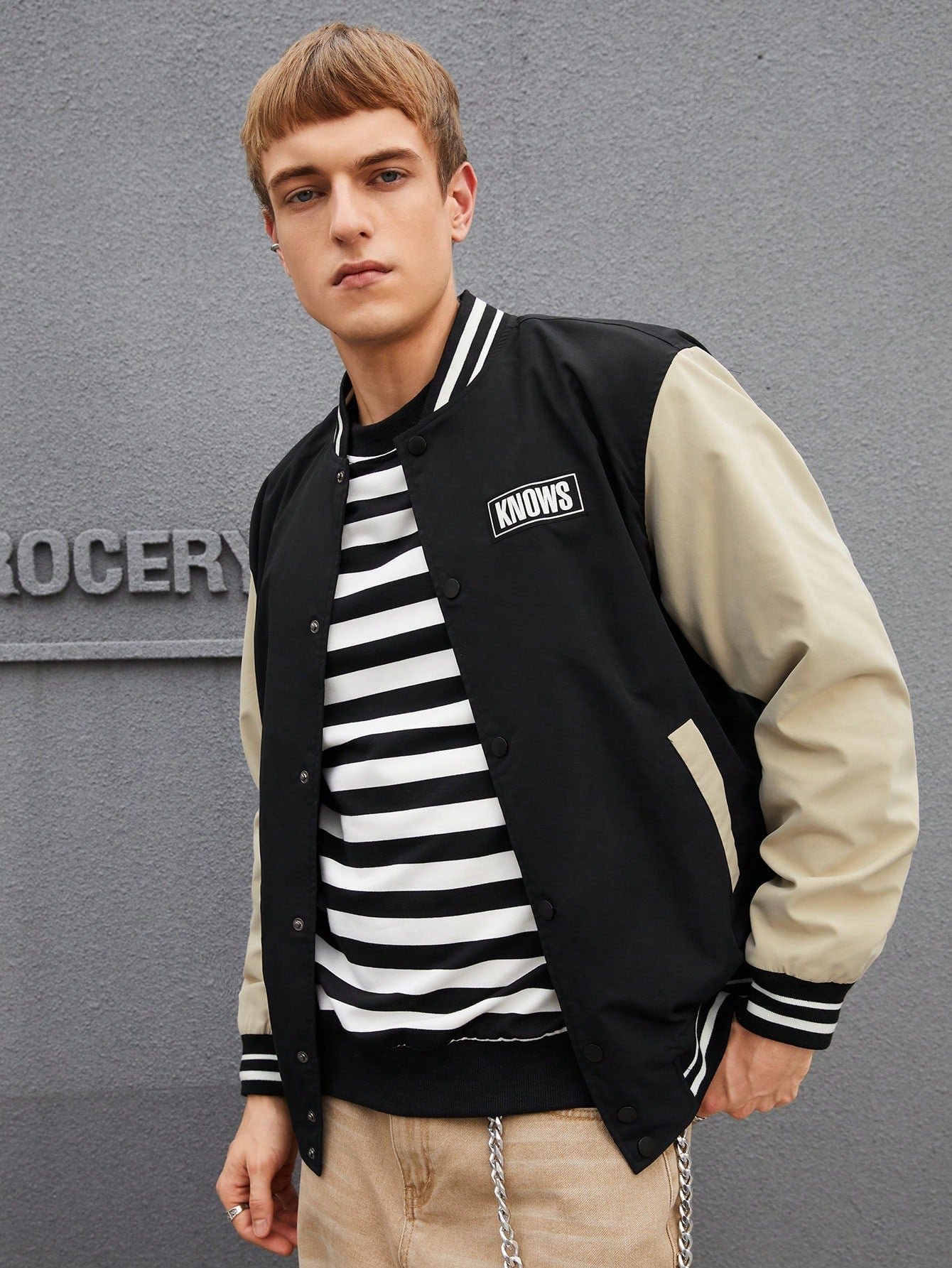 Manfinity RebelGame Oversized Men's Letter Patched Striped Trim Colorblocked Varsity Jacket Without Hoodie