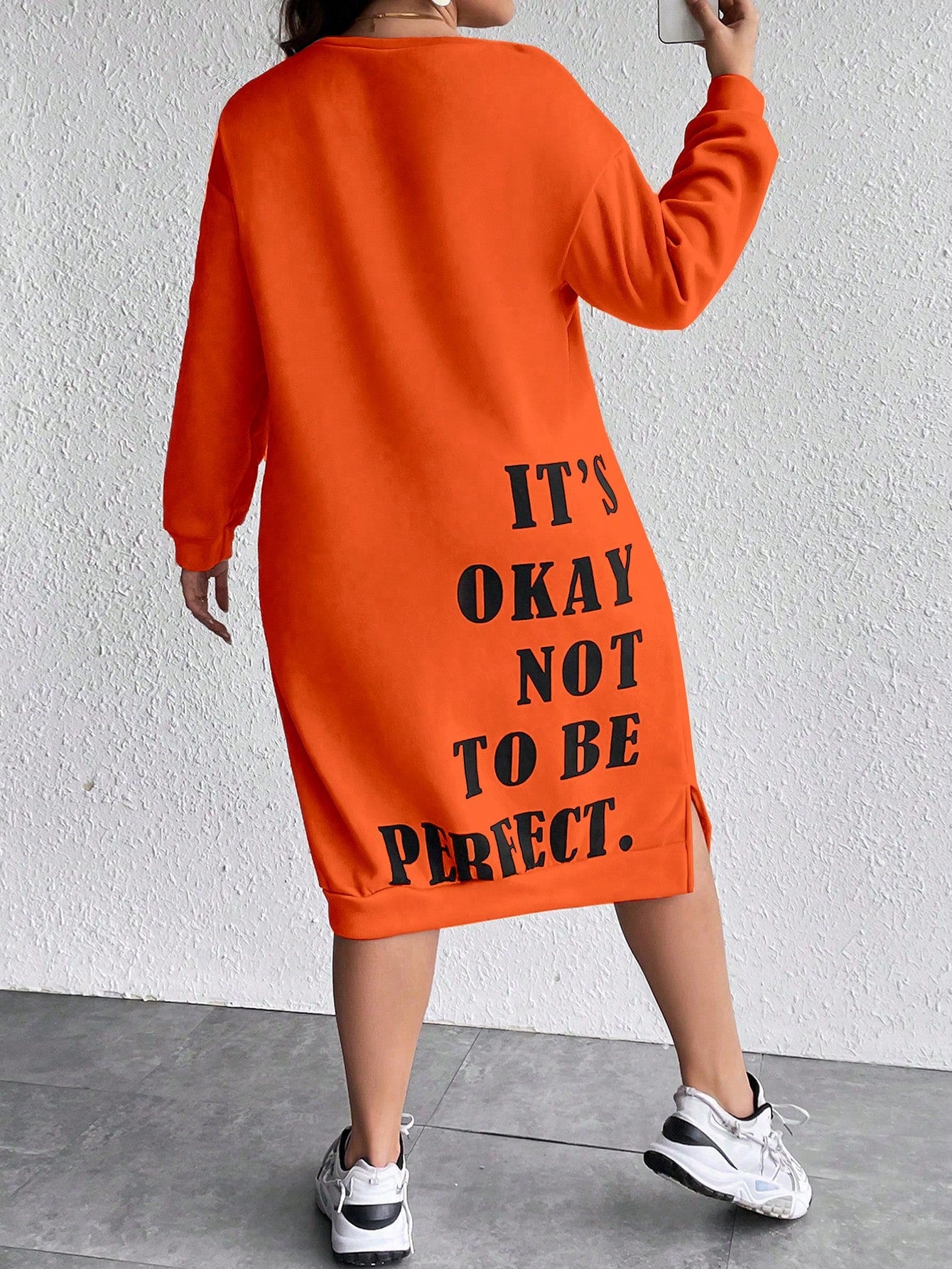 Women's Plus Size Slogan Printed Slit Drop Shoulder Sweatshirt Dress