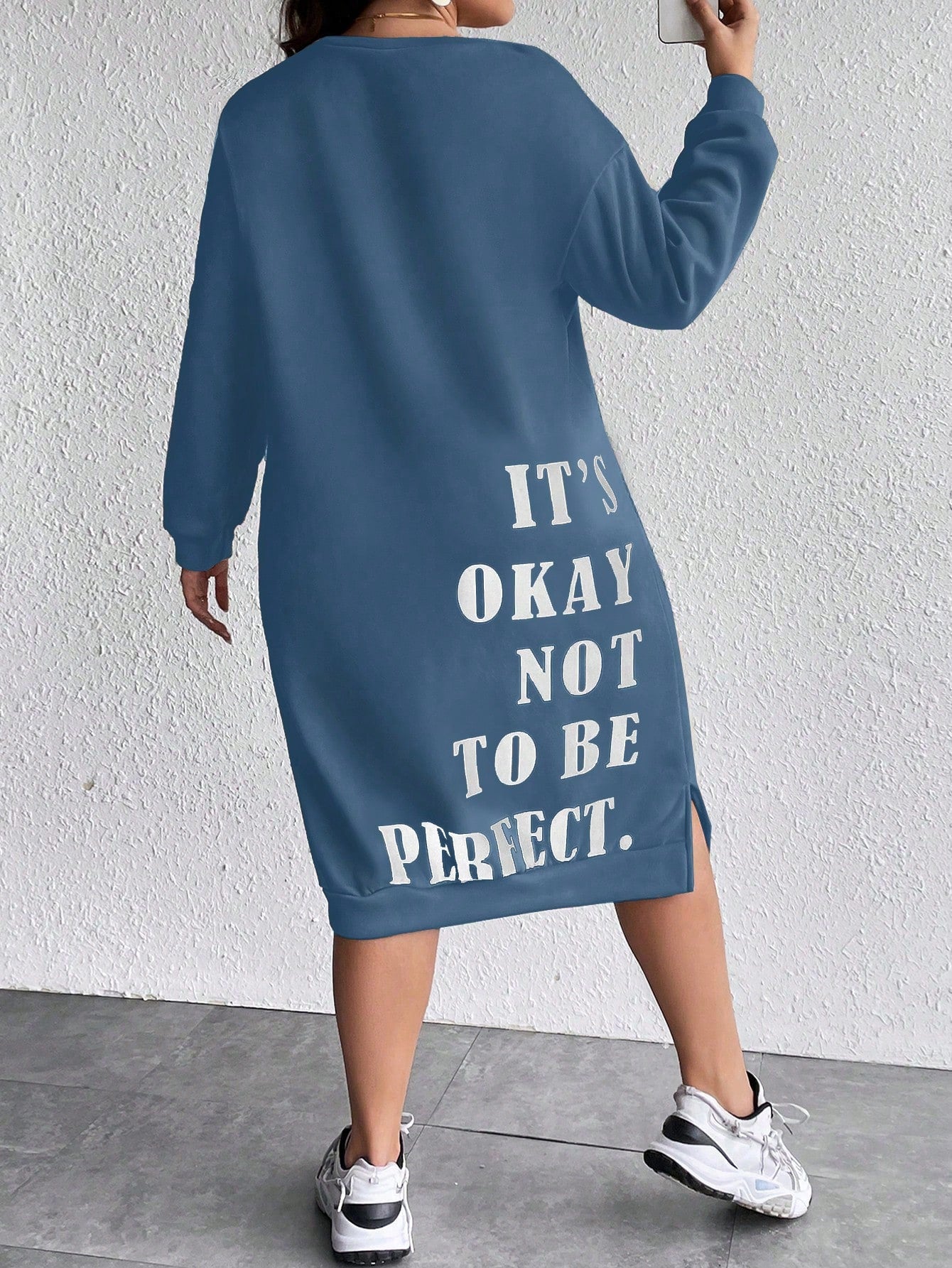 Women's Plus Size Slogan Printed Slit Drop Shoulder Sweatshirt Dress