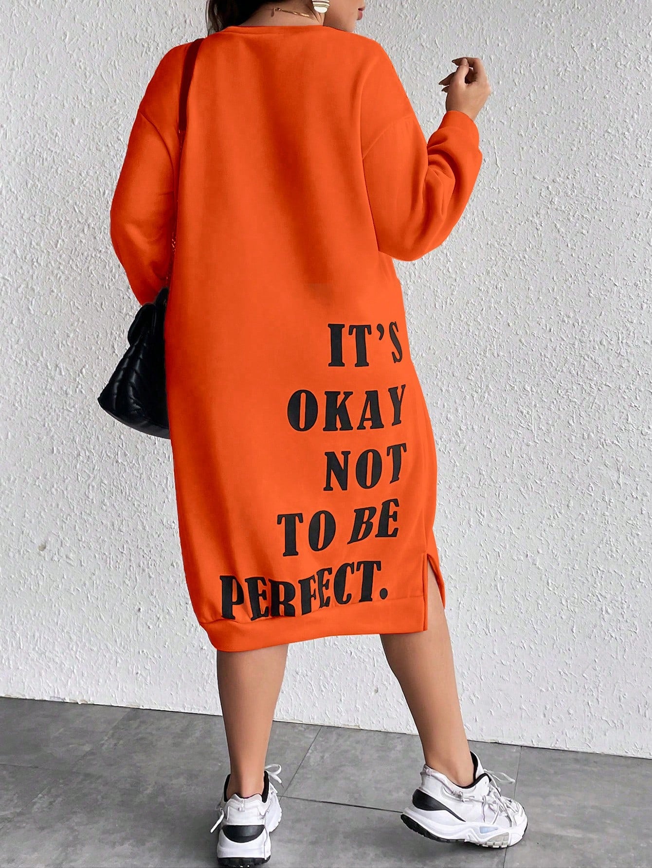 Women's Plus Size Slogan Printed Slit Drop Shoulder Sweatshirt Dress