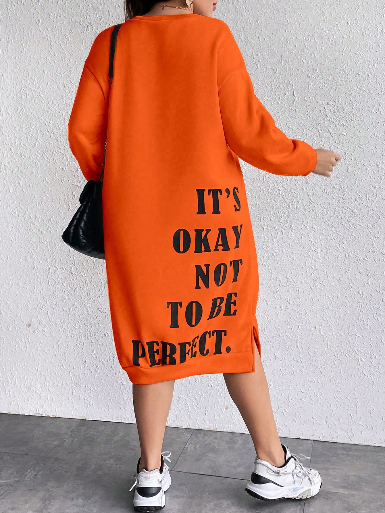 Women's Plus Size Slogan Printed Slit Drop Shoulder Sweatshirt Dress