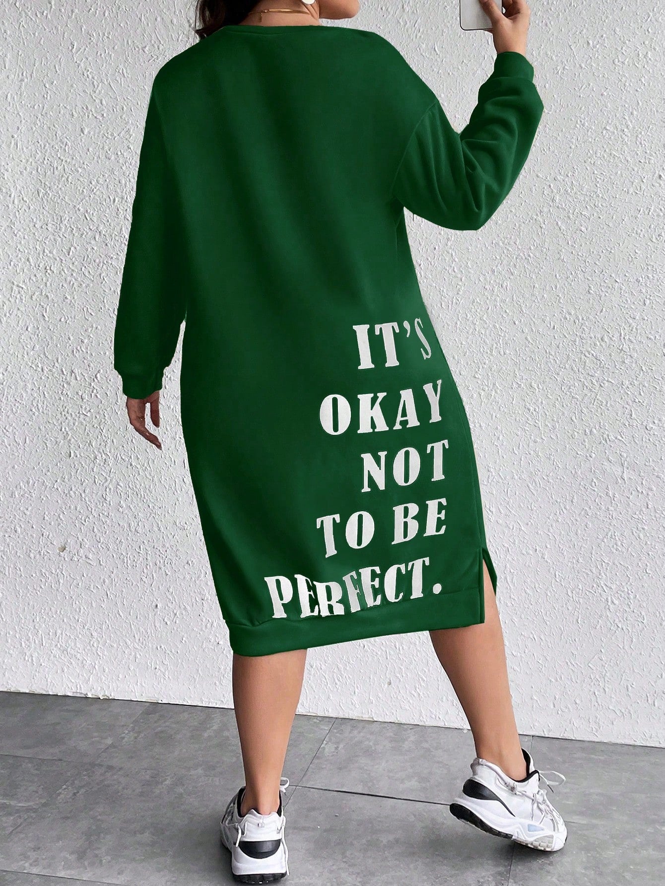 Women's Plus Size Slogan Printed Slit Drop Shoulder Sweatshirt Dress