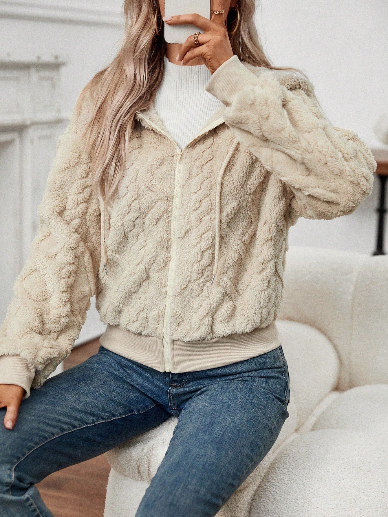 LUNE Zip Up Drop Shoulder Hooded Teddy Jacket