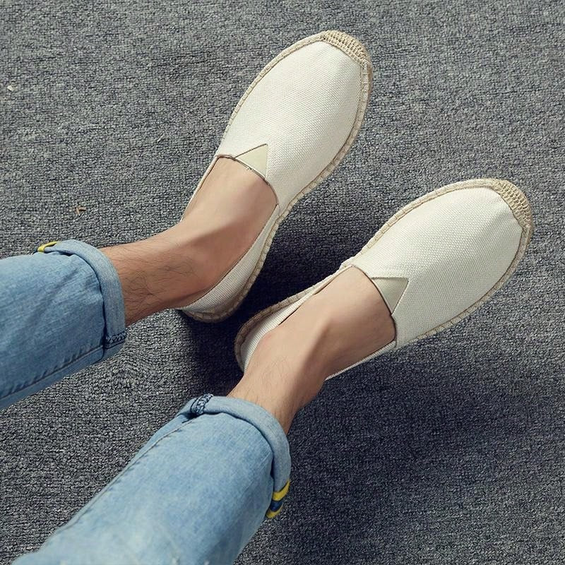 Men Minimalist Espadrilles Canvas Loafers White, White Solid Color Woven Grass Shoes