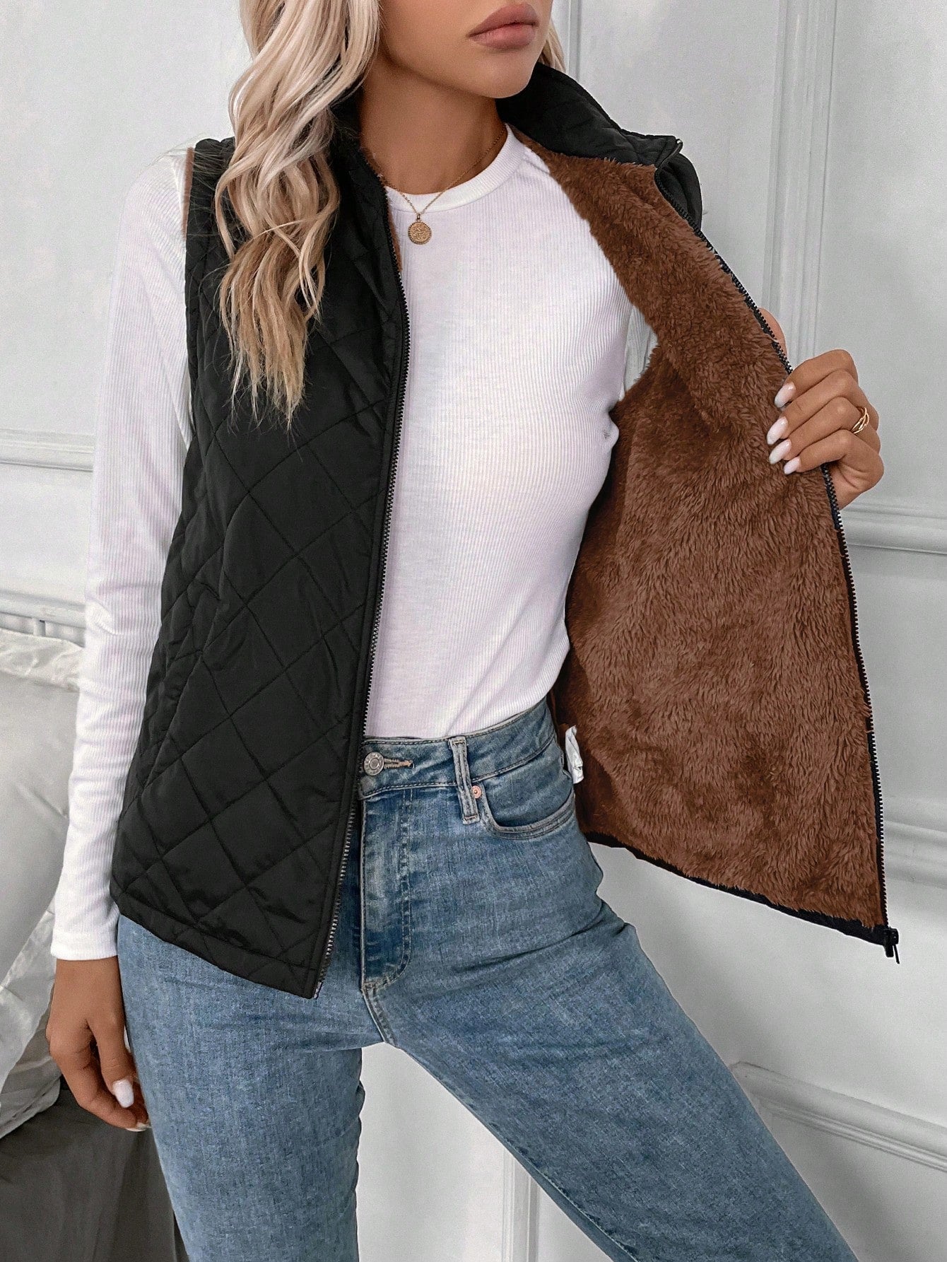 LUNE Zip Up Teddy Lined Vest Quilted Coat