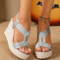 Ladies Detailed Woven Linen Flat Wedge Sandals, Fashionable Hollow-Out Minimalist Elastic Band Open Toe High Heels, Summer Travel Vacation Outdoor Platform Shoes